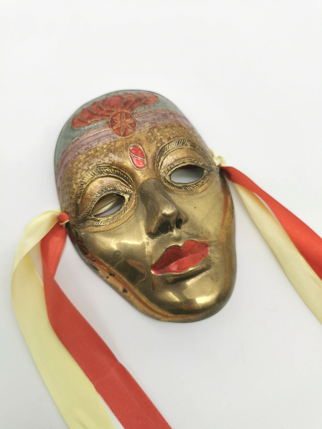 Vintage Venetian Style Brass Carnival Mask/ Hand-Painted Enamel Wall Hanging with Ribbons