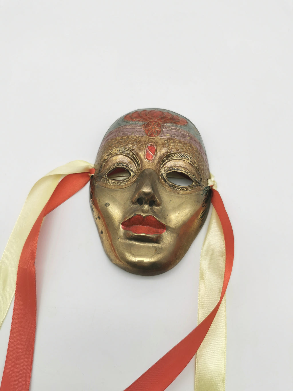 Vintage Venetian Style Brass Carnival Mask/ Hand-Painted Enamel Wall Hanging with Ribbons