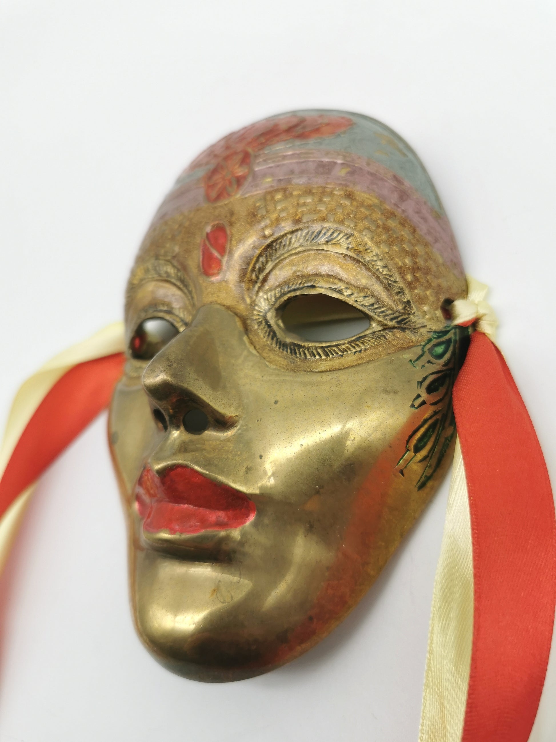 Vintage Venetian Style Brass Carnival Mask/ Hand-Painted Enamel Wall Hanging with Ribbons