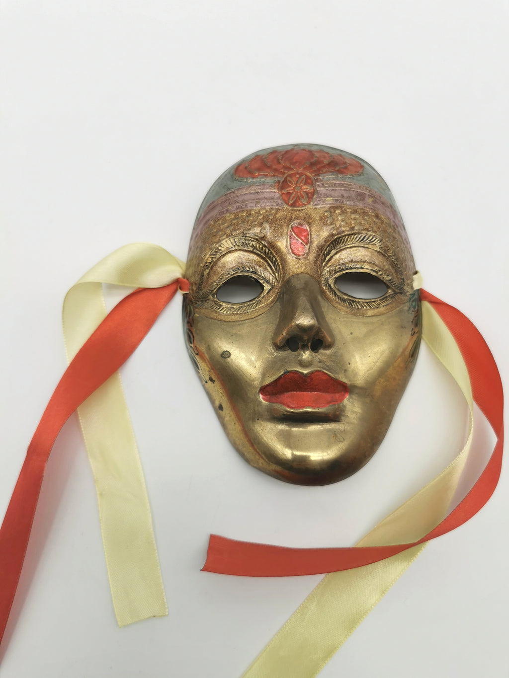 Vintage Venetian Style Brass Carnival Mask/ Hand-Painted Enamel Wall Hanging with Ribbons
