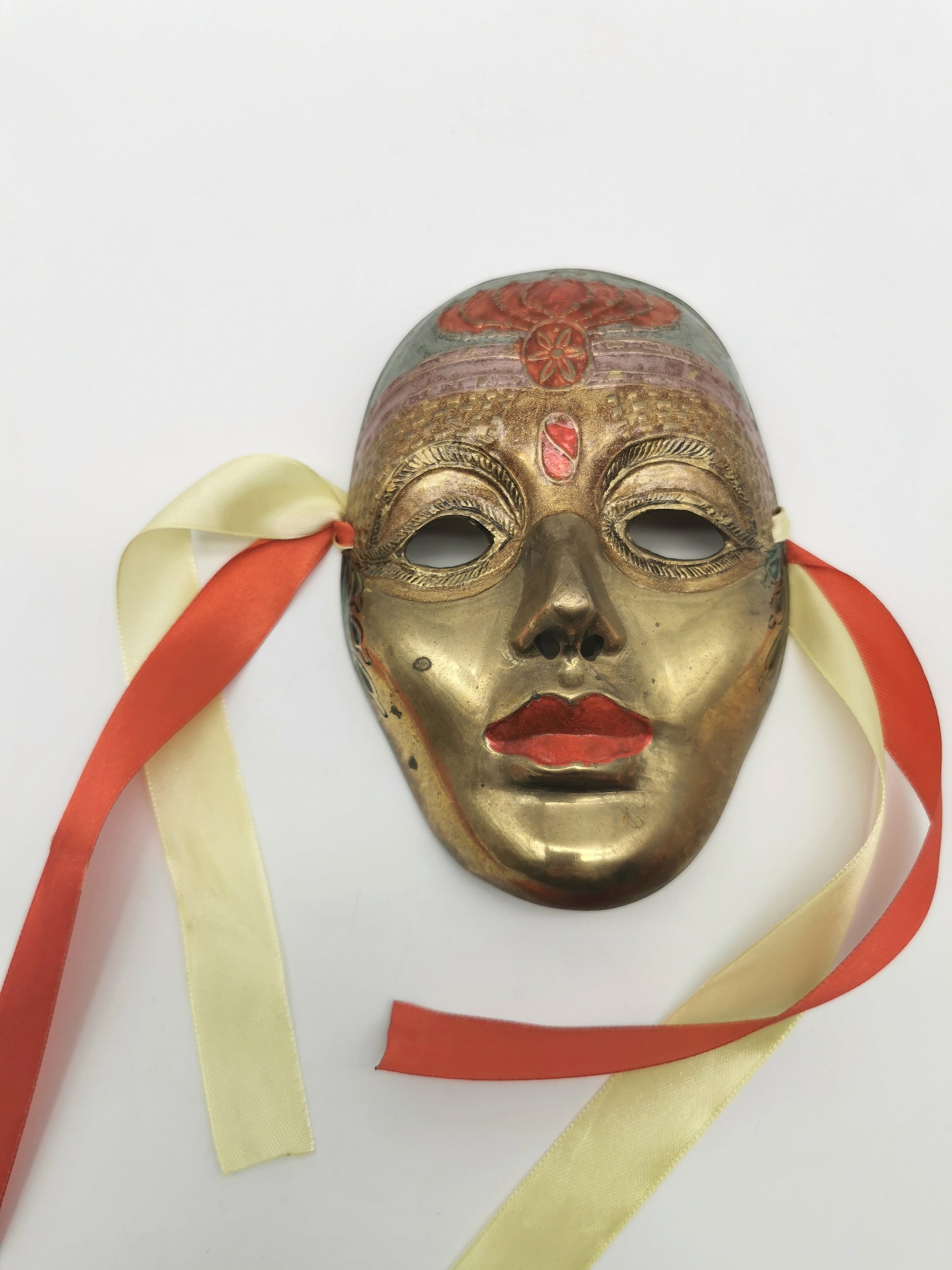 Vintage Venetian Style Brass Carnival Mask/ Hand-Painted Enamel Wall Hanging with Ribbons