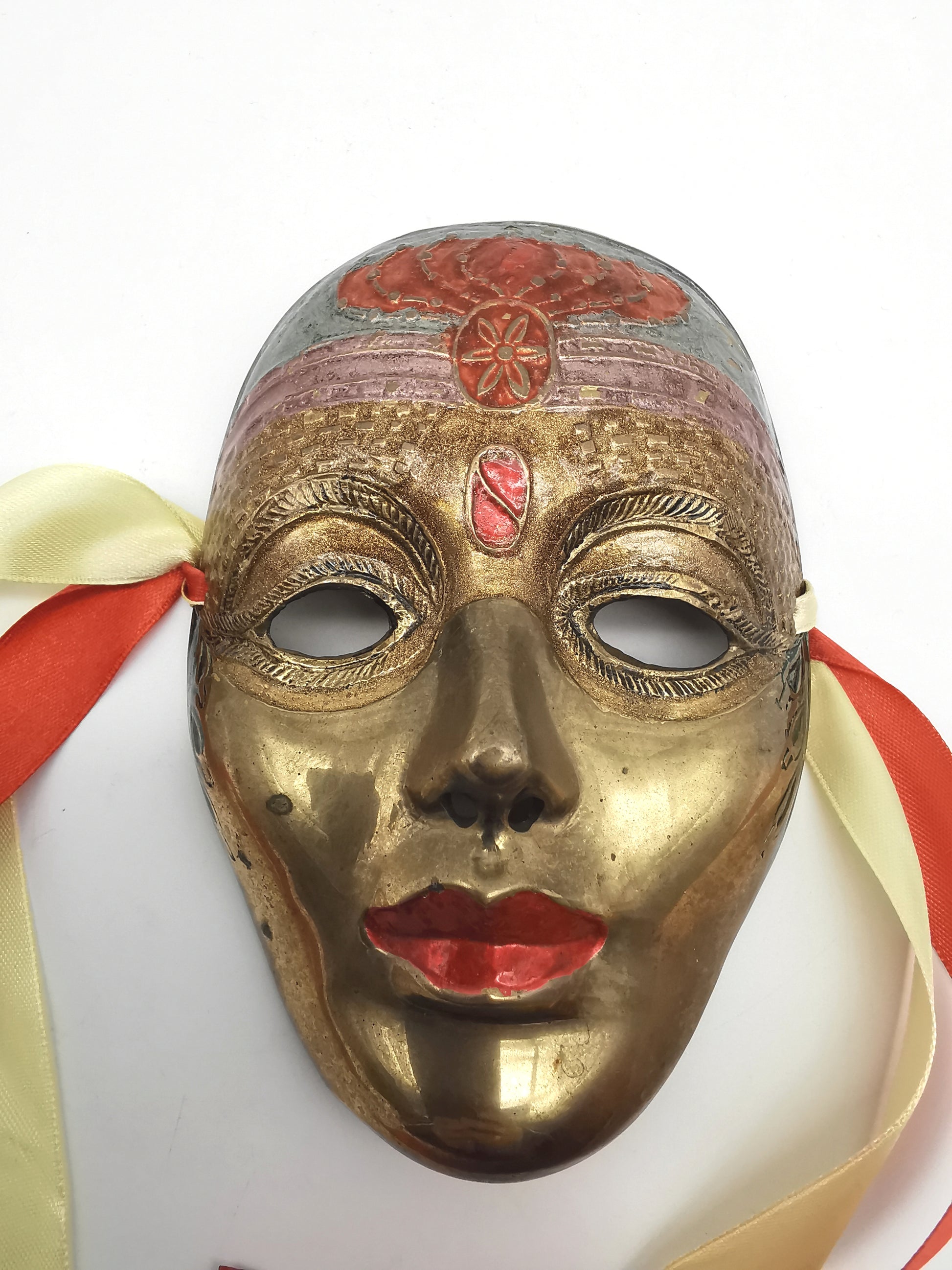 Vintage Venetian Style Brass Carnival Mask/ Hand-Painted Enamel Wall Hanging with Ribbons