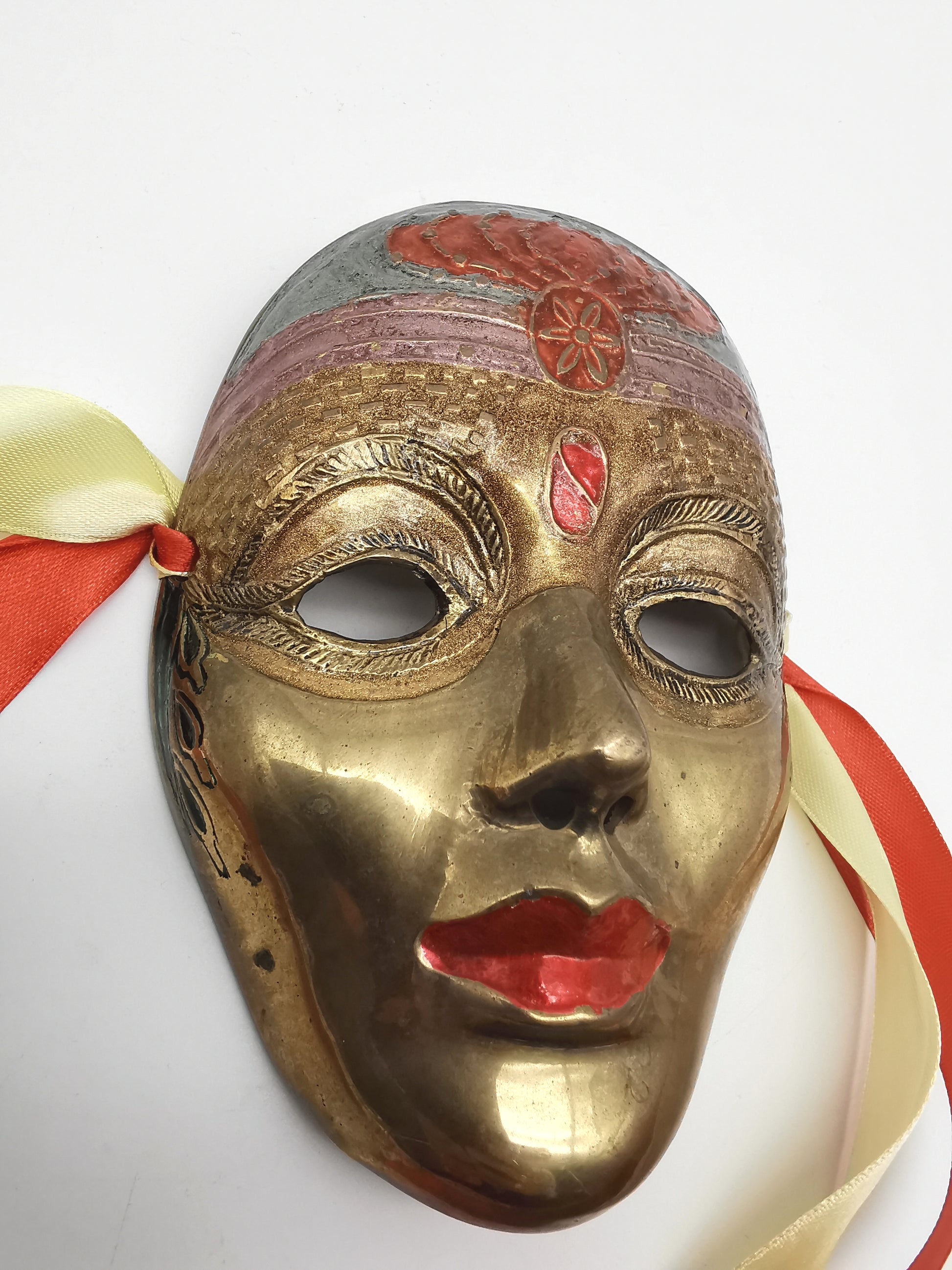 Vintage Venetian Style Brass Carnival Mask/ Hand-Painted Enamel Wall Hanging with Ribbons