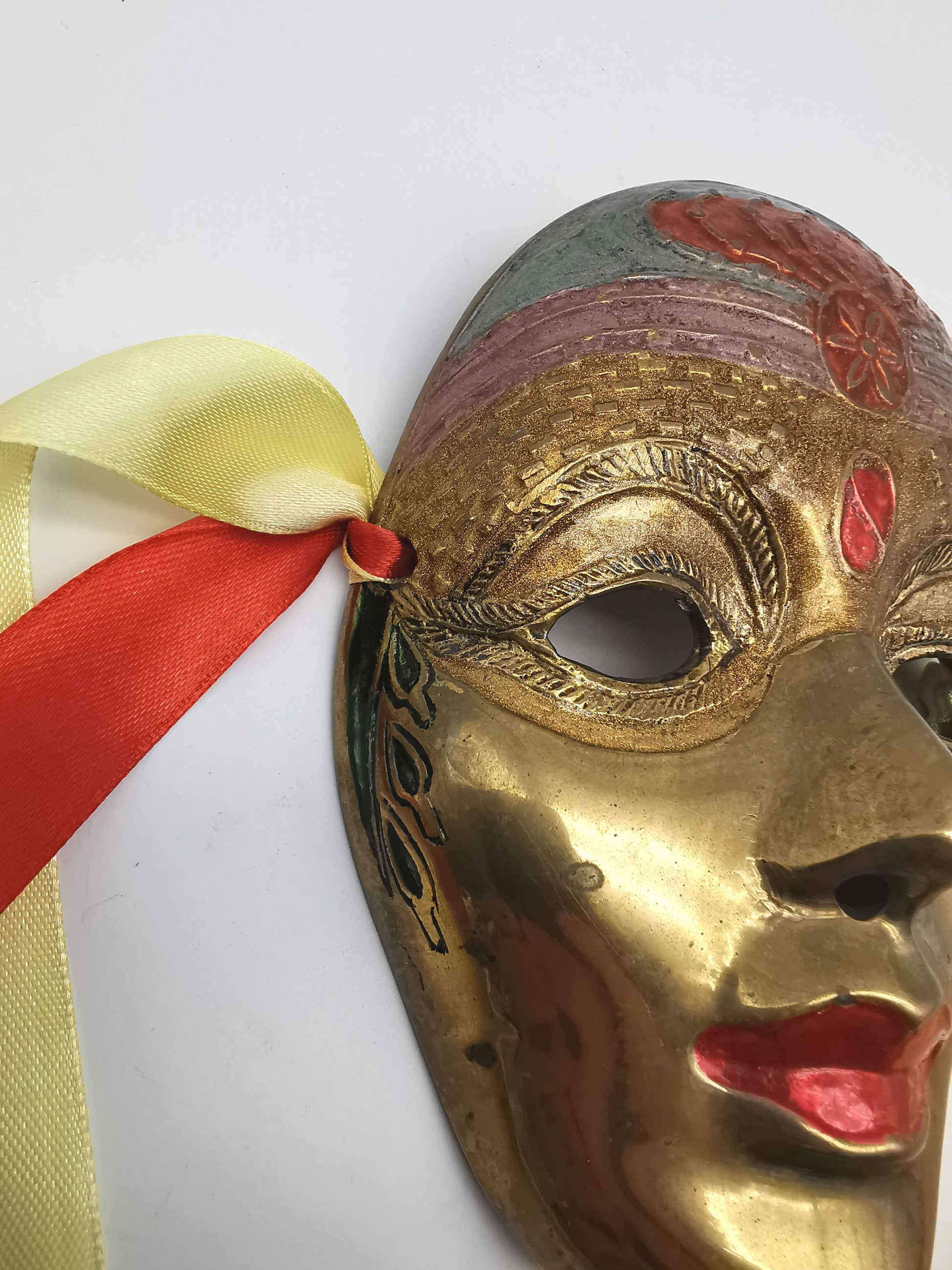 Vintage Venetian Style Brass Carnival Mask/ Hand-Painted Enamel Wall Hanging with Ribbons