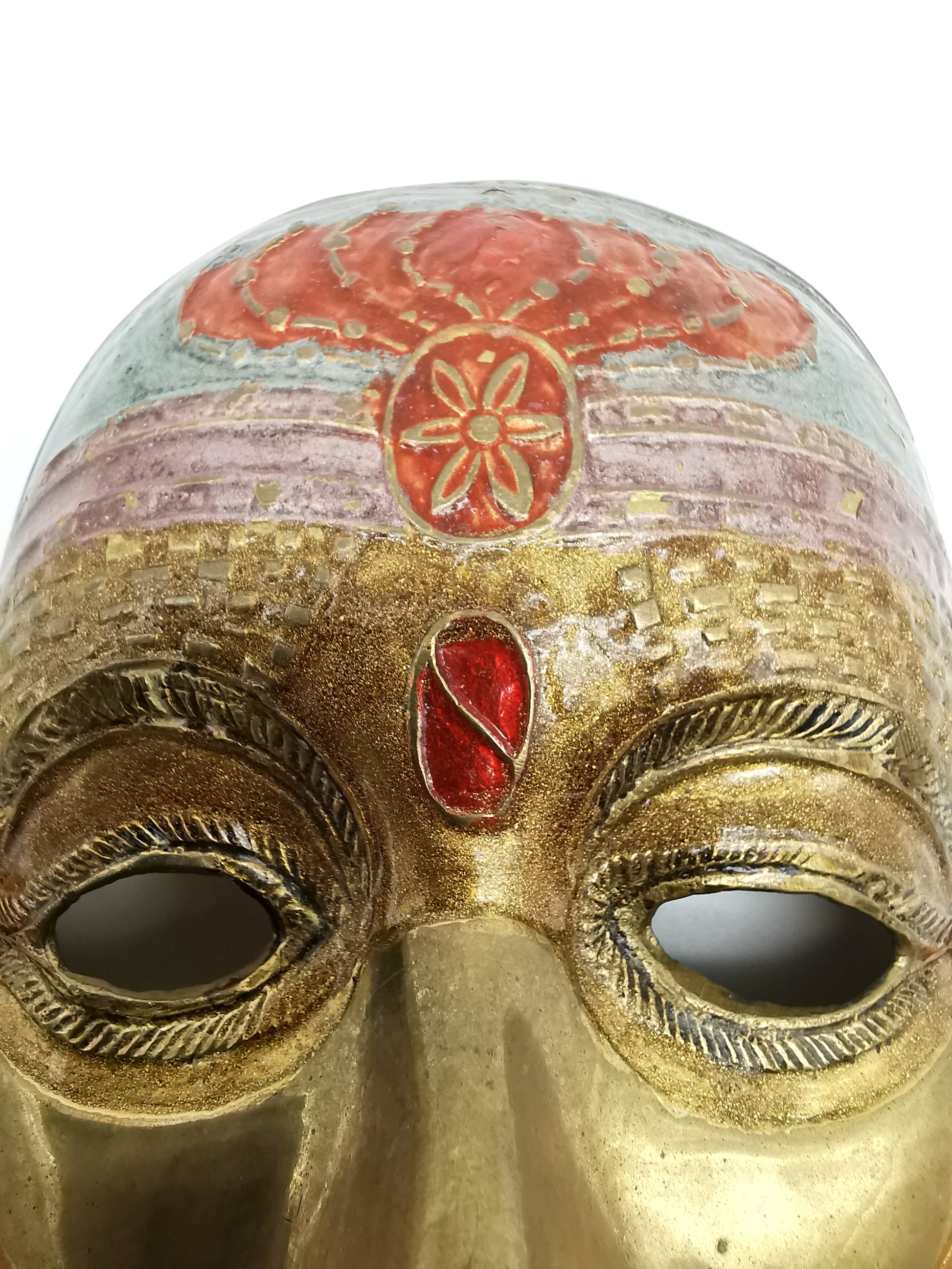 Vintage Venetian Style Brass Carnival Mask/ Hand-Painted Enamel Wall Hanging with Ribbons