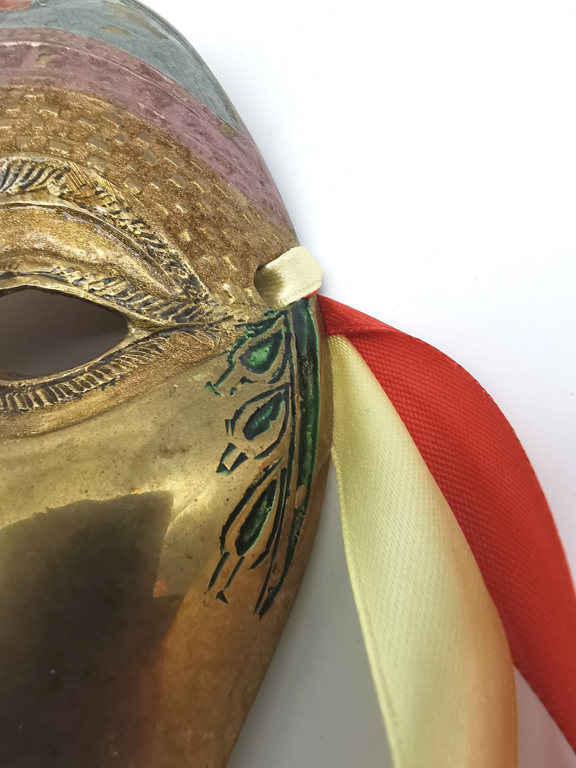Vintage Venetian Style Brass Carnival Mask/ Hand-Painted Enamel Wall Hanging with Ribbons