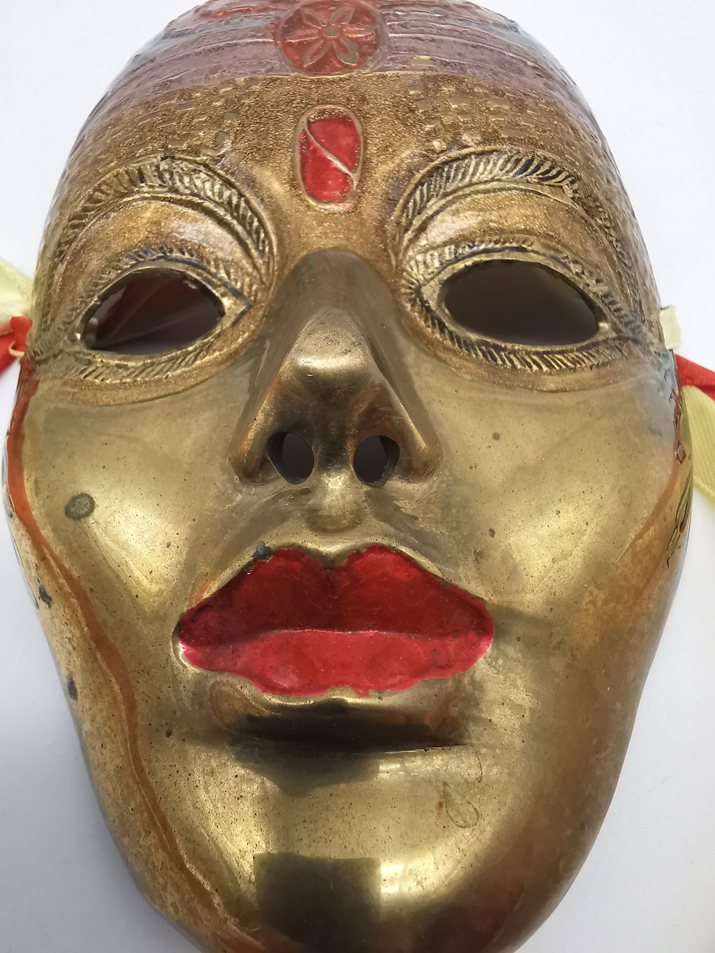 Vintage Venetian Style Brass Carnival Mask/ Hand-Painted Enamel Wall Hanging with Ribbons