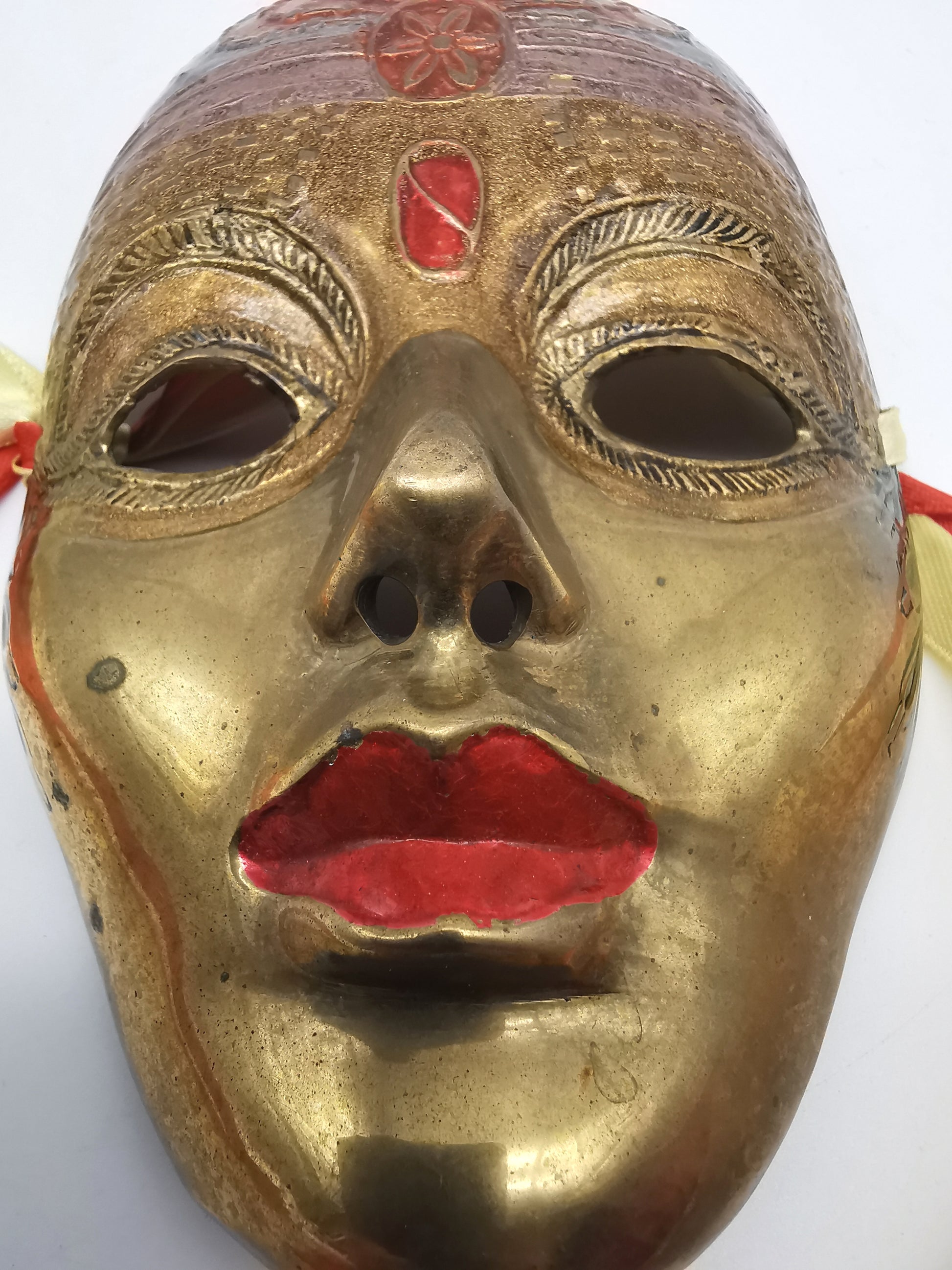 Vintage Venetian Style Brass Carnival Mask/ Hand-Painted Enamel Wall Hanging with Ribbons