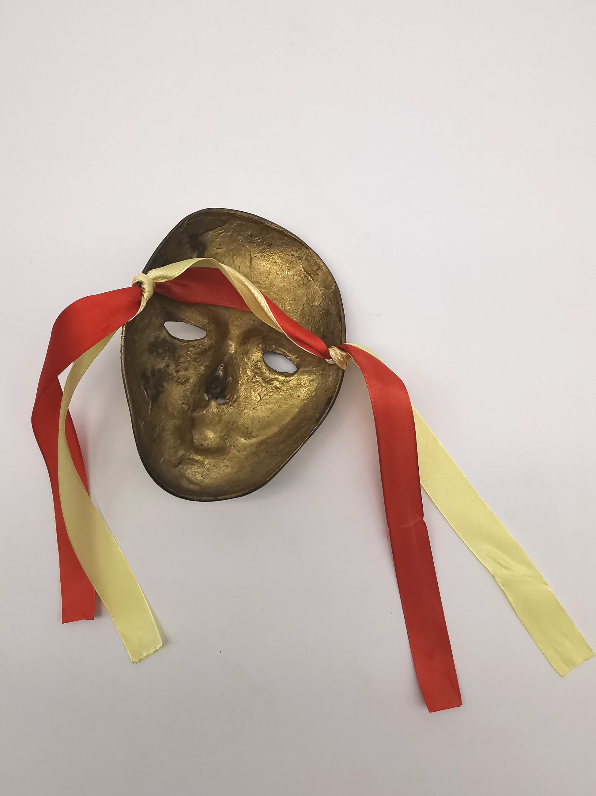 Vintage Venetian Style Brass Carnival Mask/ Hand-Painted Enamel Wall Hanging with Ribbons
