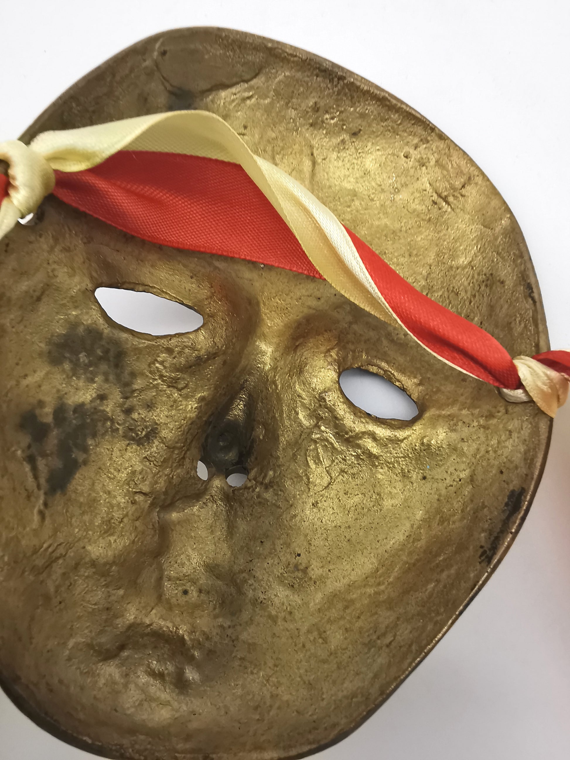 Vintage Venetian Style Brass Carnival Mask/ Hand-Painted Enamel Wall Hanging with Ribbons