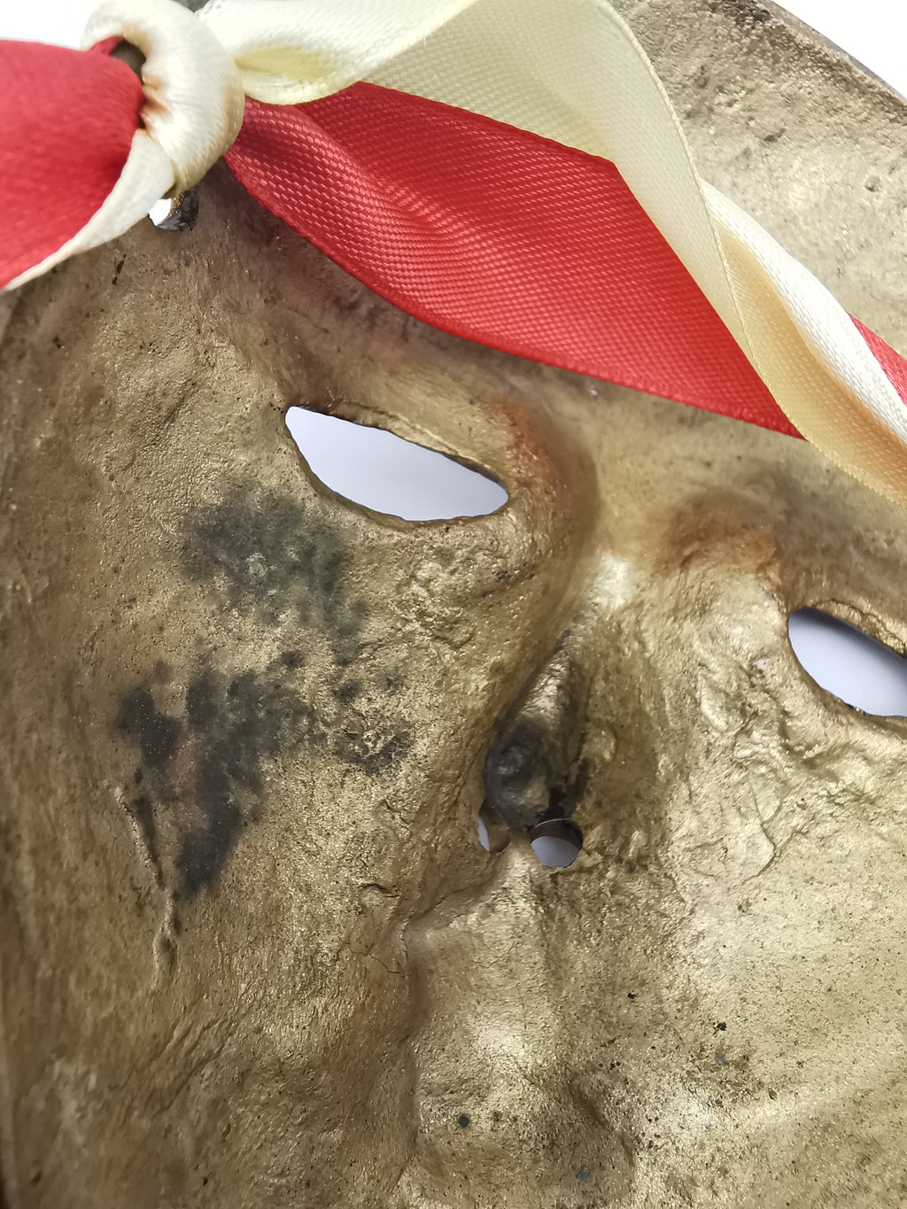 Vintage Venetian Style Brass Carnival Mask/ Hand-Painted Enamel Wall Hanging with Ribbons