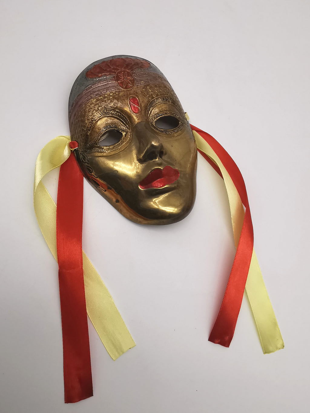 Vintage Venetian Style Brass Carnival Mask/ Hand-Painted Enamel Wall Hanging with Ribbons