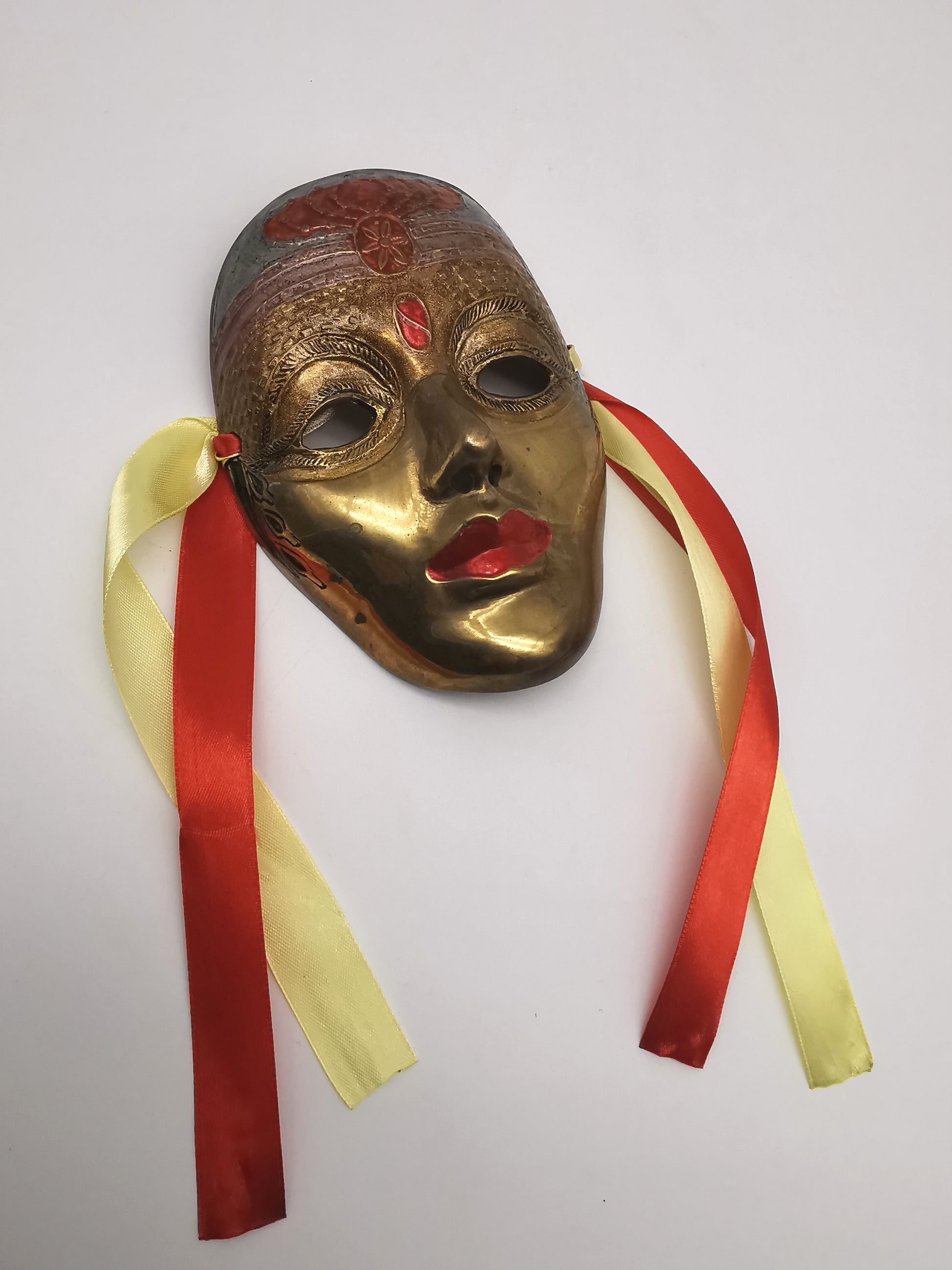 Vintage Venetian Style Brass Carnival Mask/ Hand-Painted Enamel Wall Hanging with Ribbons