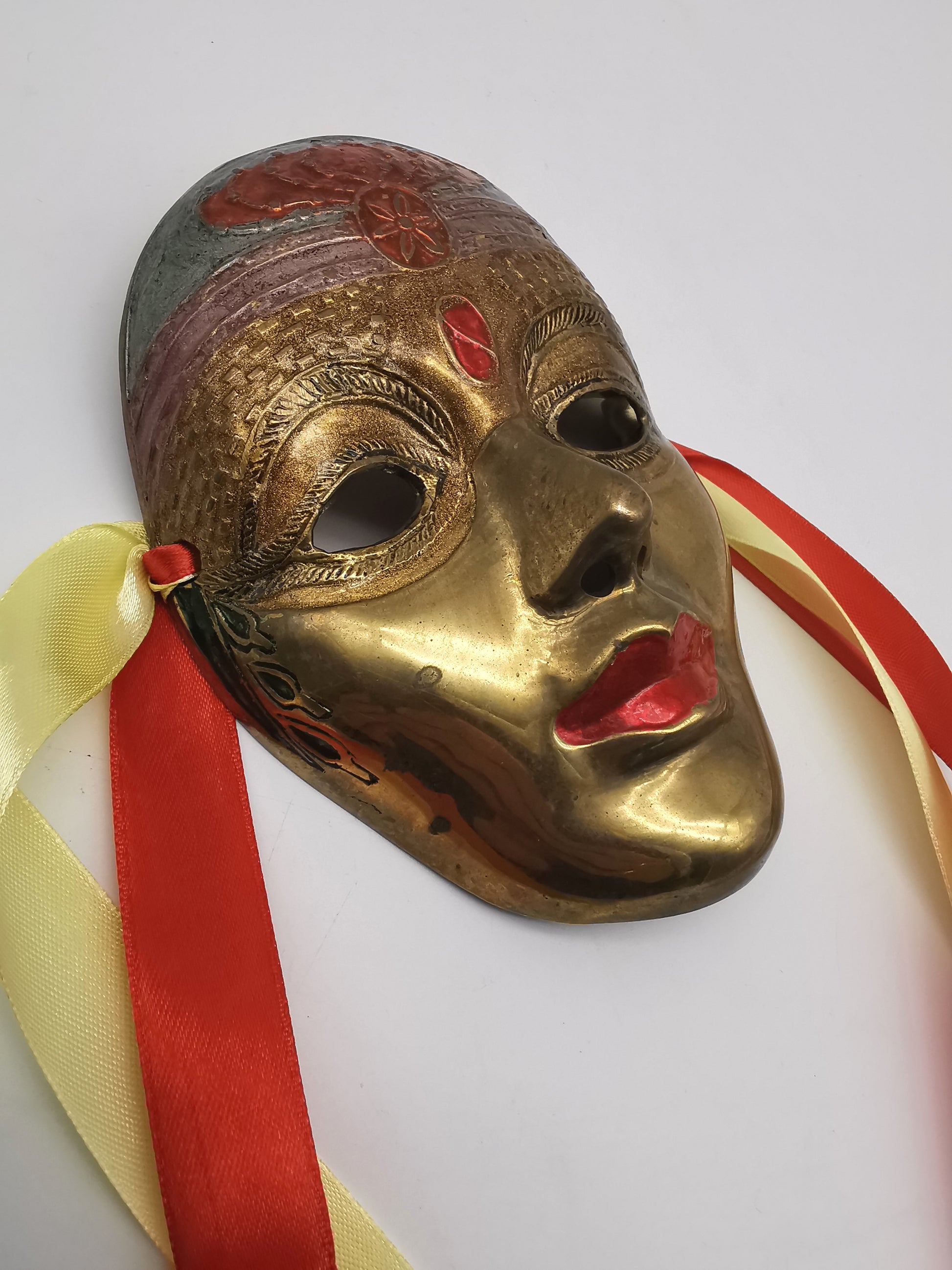 Vintage Venetian Style Brass Carnival Mask/ Hand-Painted Enamel Wall Hanging with Ribbons