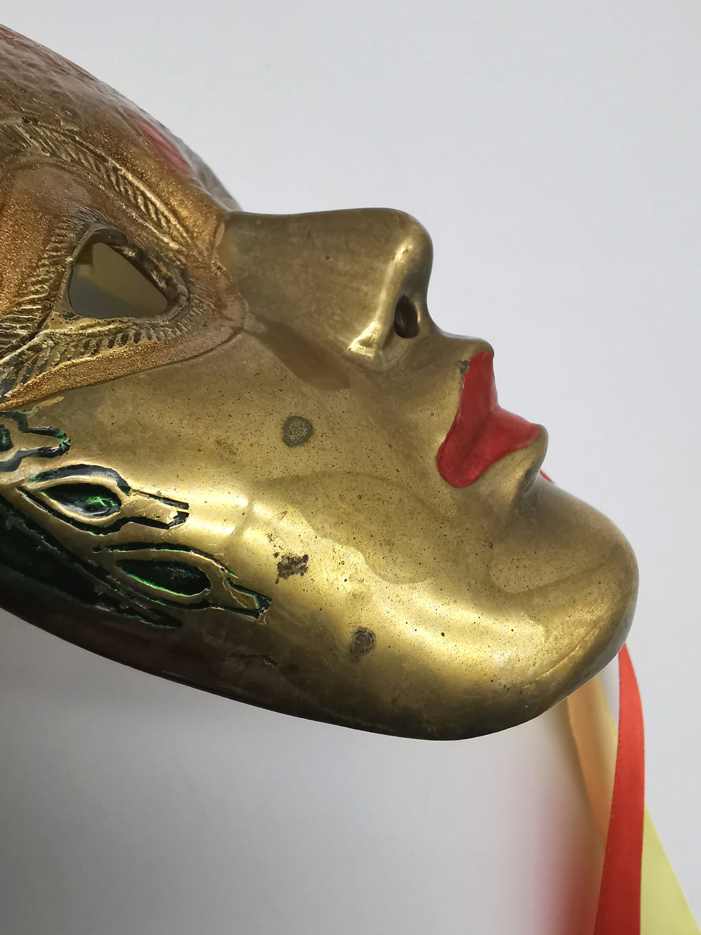 Vintage Venetian Style Brass Carnival Mask/ Hand-Painted Enamel Wall Hanging with Ribbons
