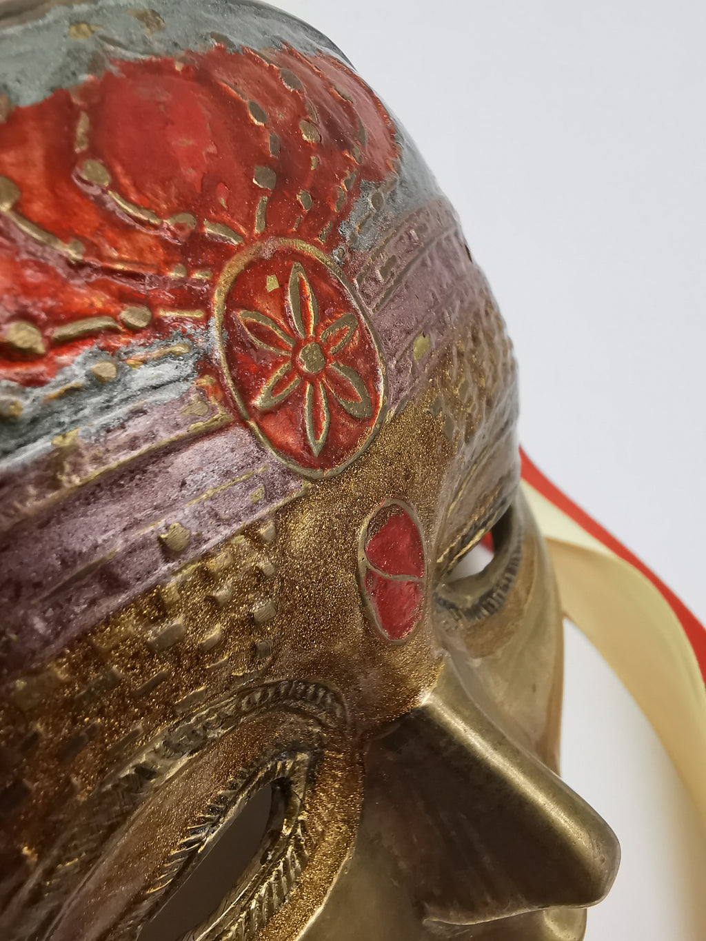 Vintage Venetian Style Brass Carnival Mask/ Hand-Painted Enamel Wall Hanging with Ribbons