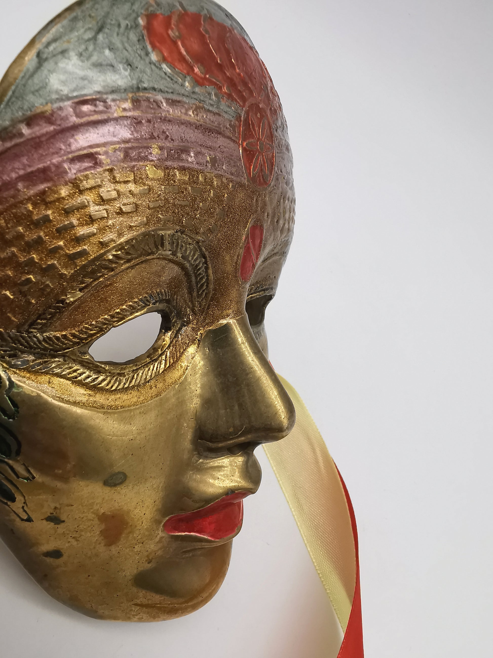 Vintage Venetian Style Brass Carnival Mask/ Hand-Painted Enamel Wall Hanging with Ribbons