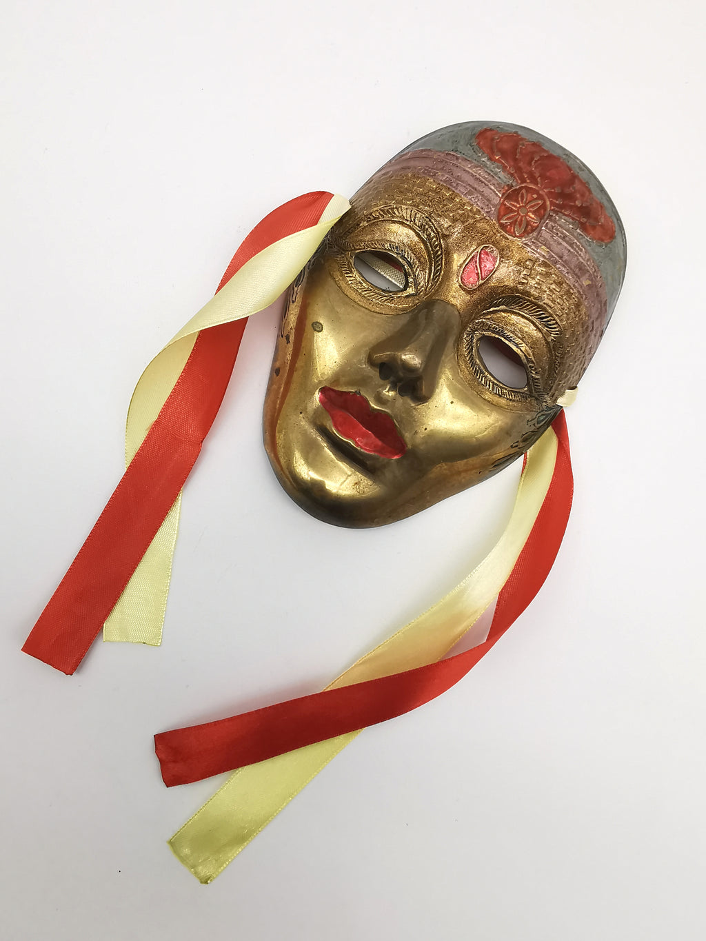 Vintage Venetian Style Brass Carnival Mask/ Hand-Painted Enamel Wall Hanging with Ribbons