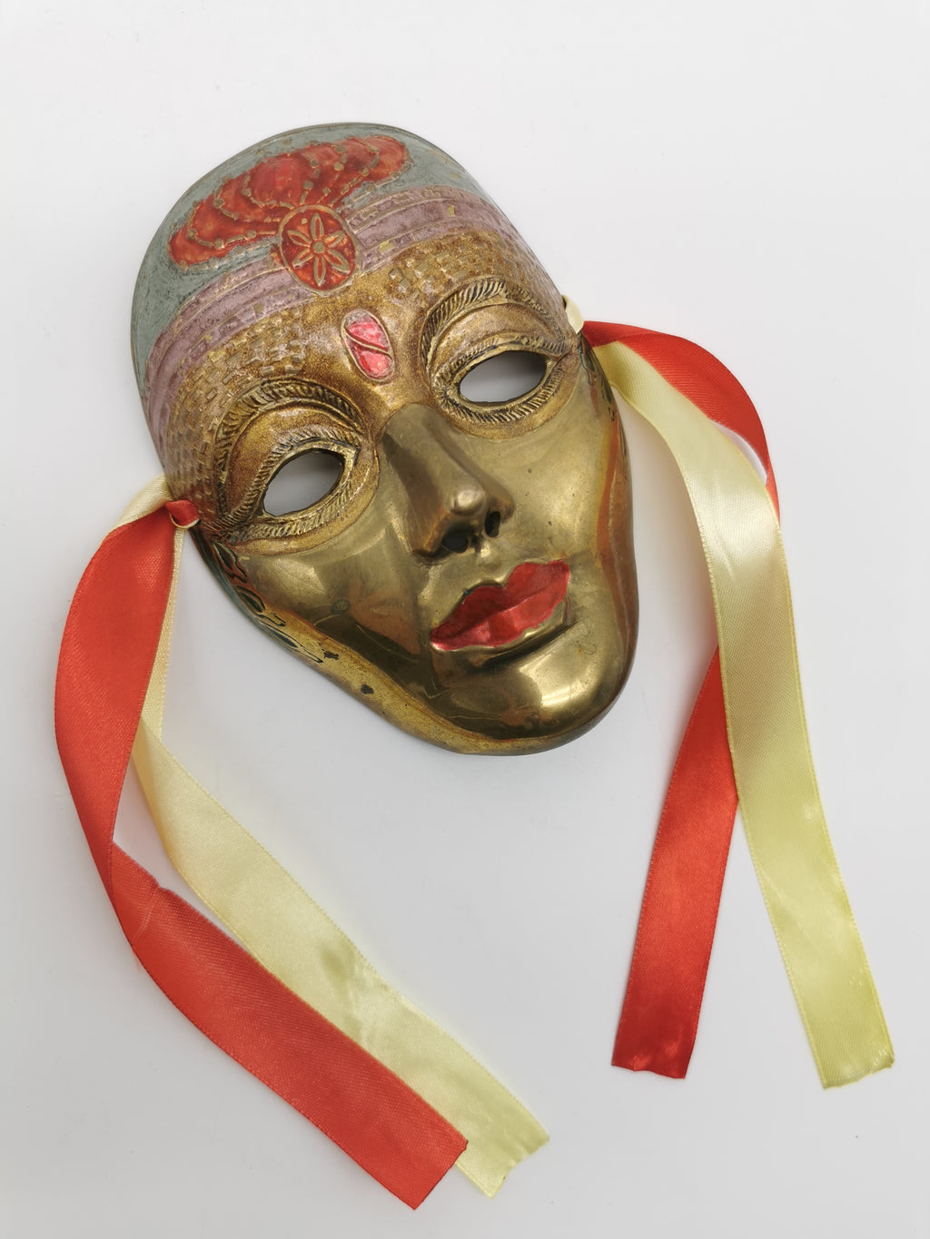 Vintage Venetian Style Brass Carnival Mask/ Hand-Painted Enamel Wall Hanging with Ribbons