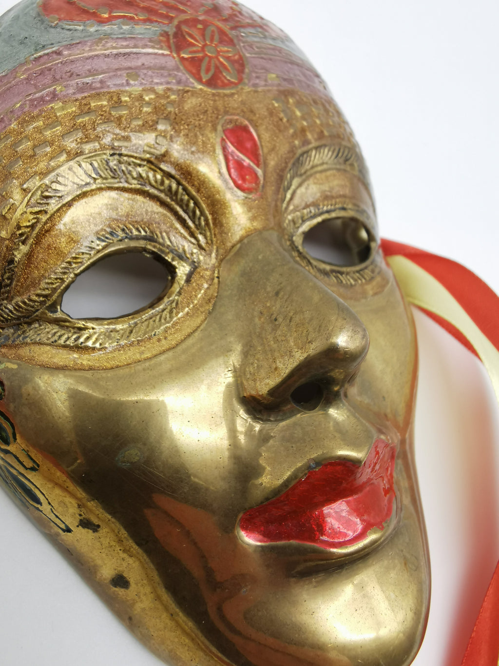 Vintage Venetian Style Brass Carnival Mask/ Hand-Painted Enamel Wall Hanging with Ribbons