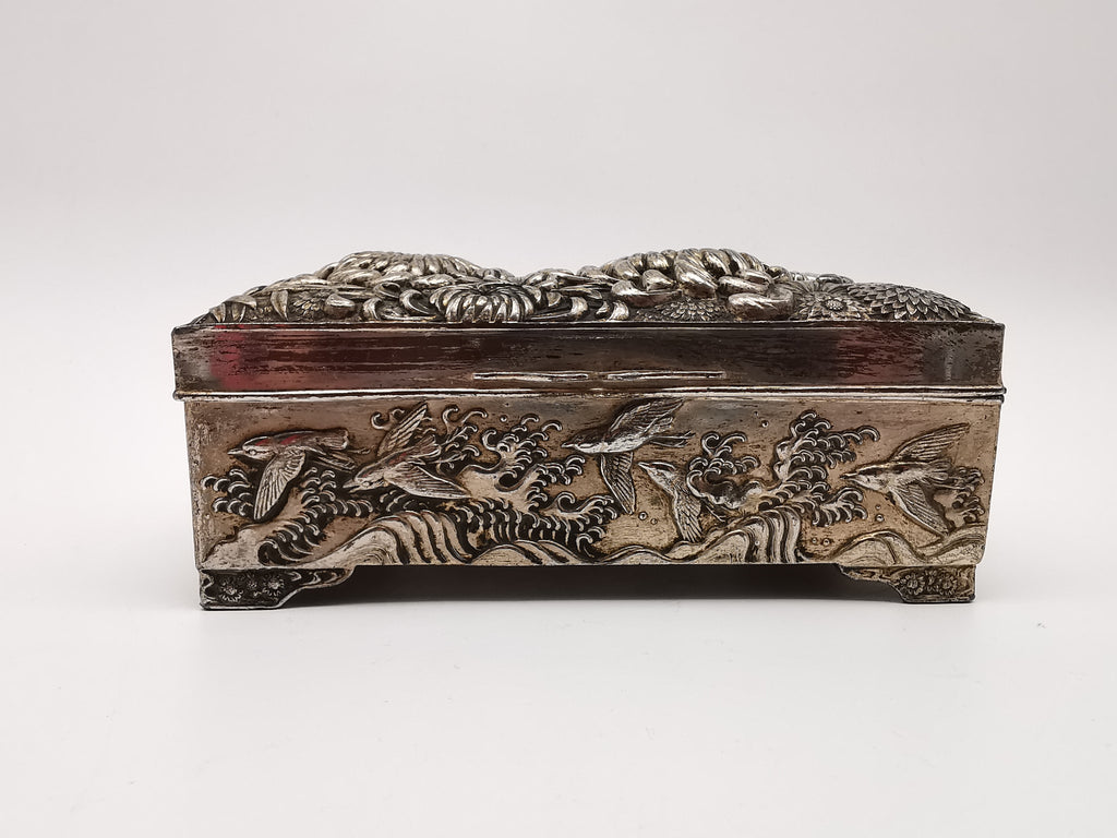 Antique Japanese Antimony Repousse Jewellery Box- Chrysanthemums and Birds-New Lining