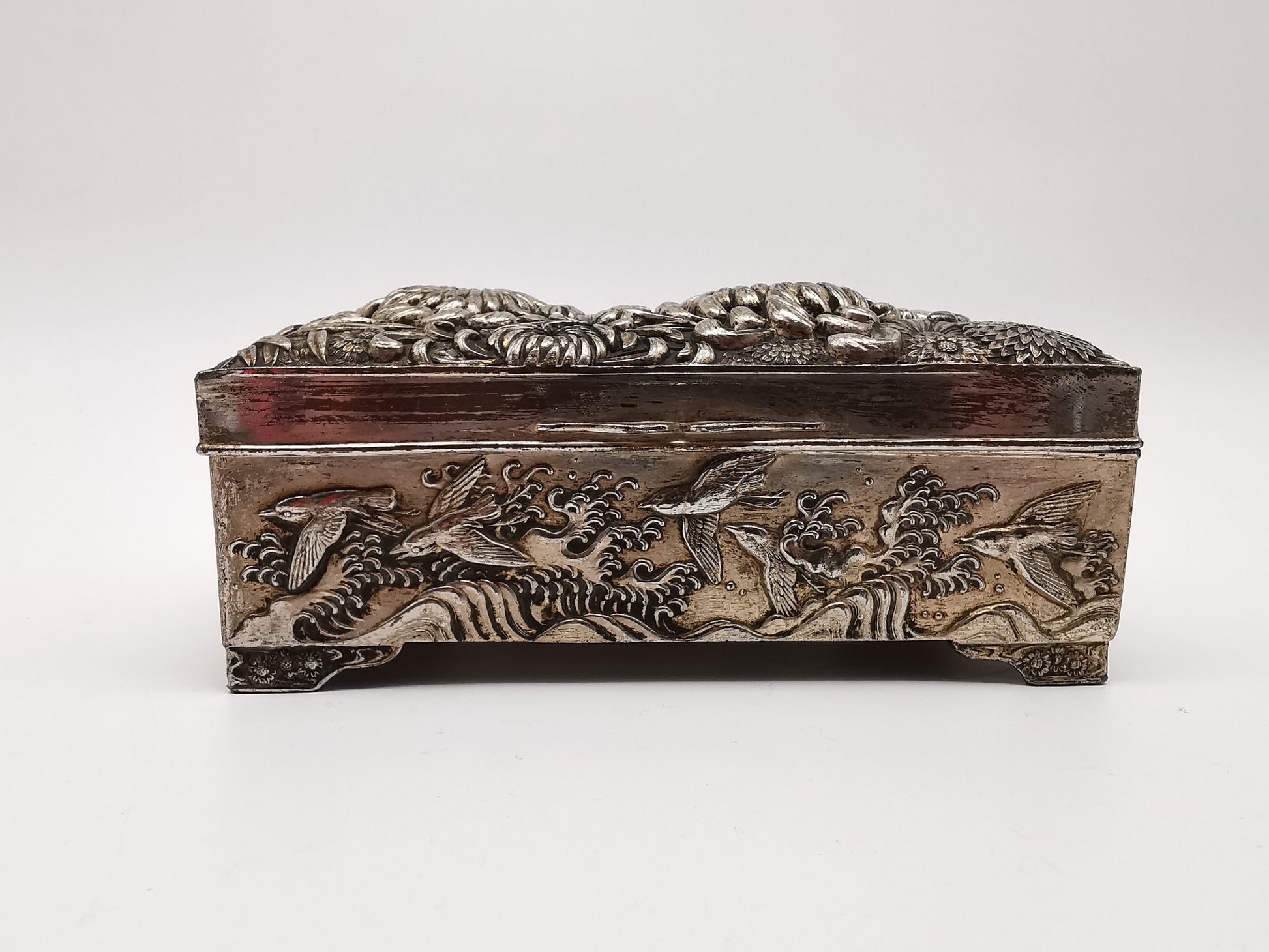 Antique Japanese Antimony Repousse Jewellery Box- Chrysanthemums and Birds-New Lining