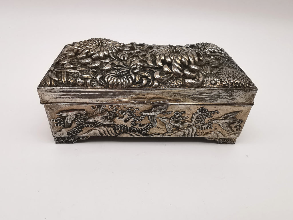 Antique Japanese Antimony Repousse Jewellery Box- Chrysanthemums and Birds-New Lining