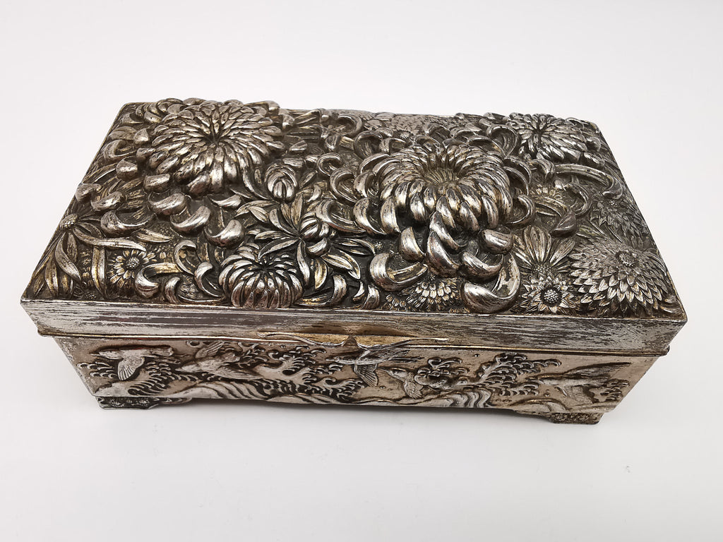 Antique Japanese Antimony Repousse Jewellery Box- Chrysanthemums and Birds-New Lining