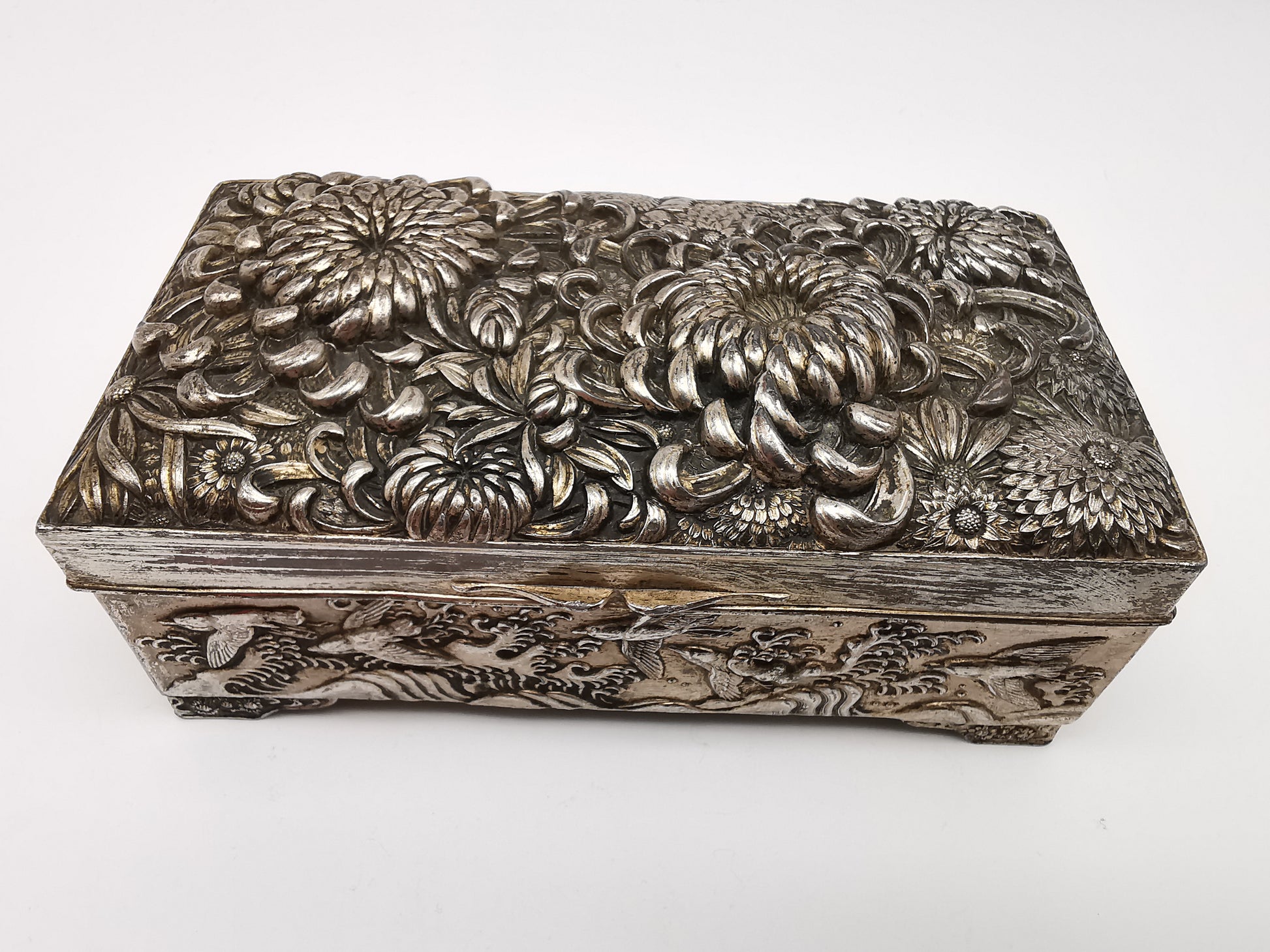 Antique Japanese Antimony Repousse Jewellery Box- Chrysanthemums and Birds-New Lining