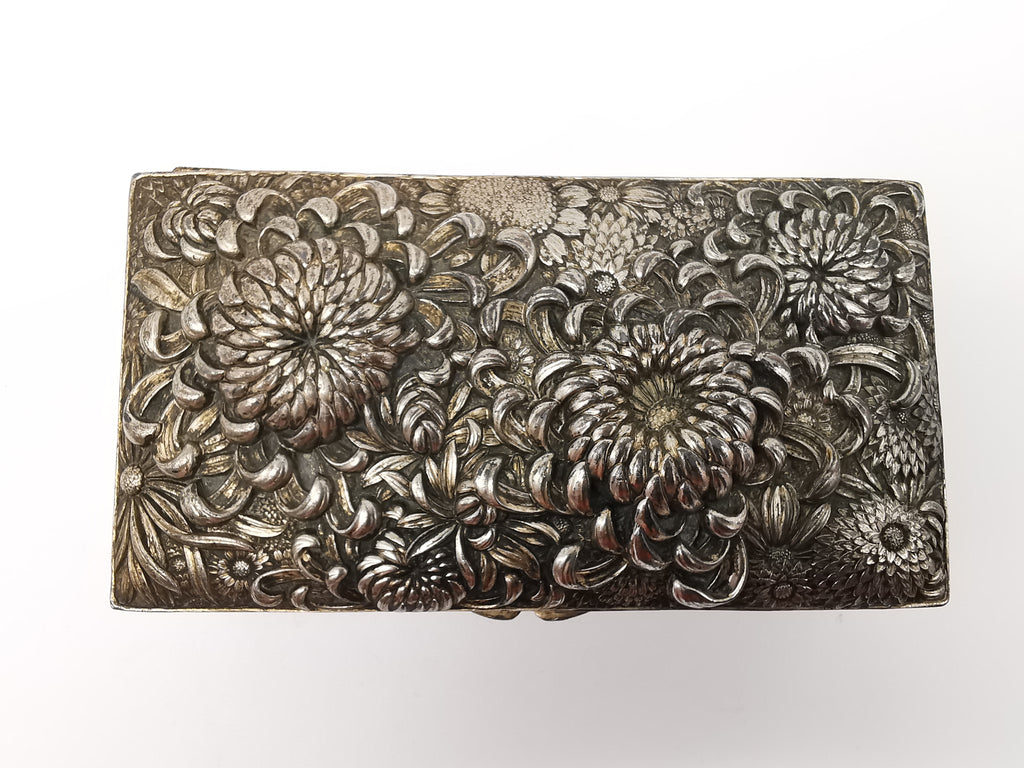 Antique Japanese Antimony Repousse Jewellery Box- Chrysanthemums and Birds-New Lining