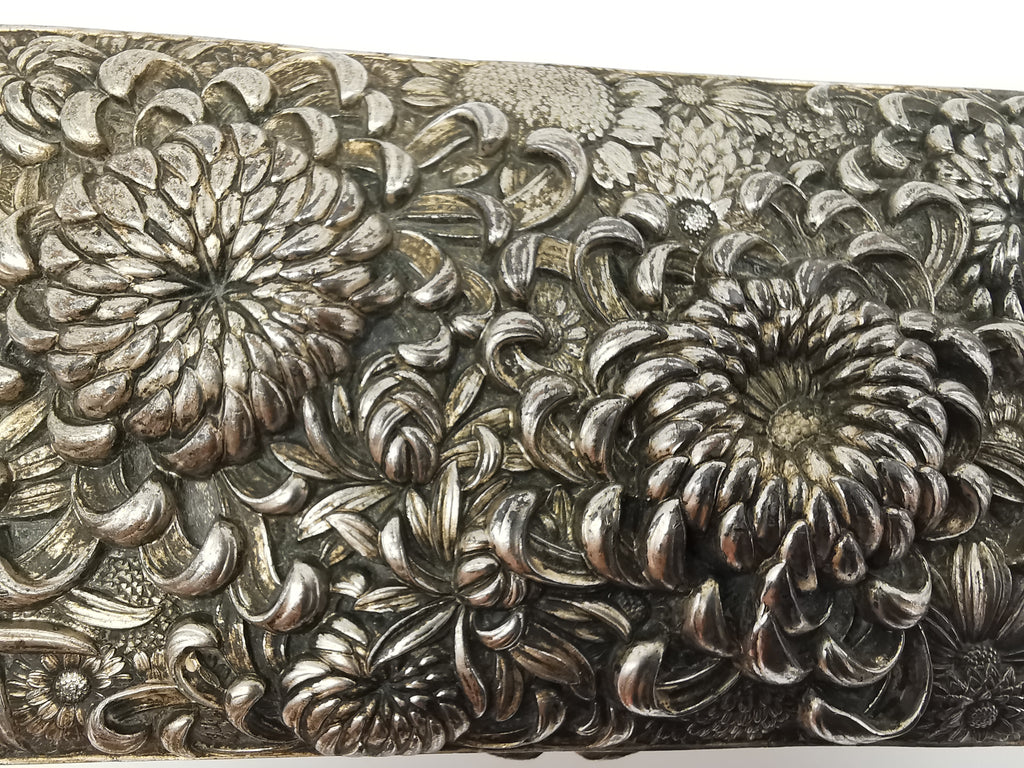 Antique Japanese Antimony Repousse Jewellery Box- Chrysanthemums and Birds-New Lining