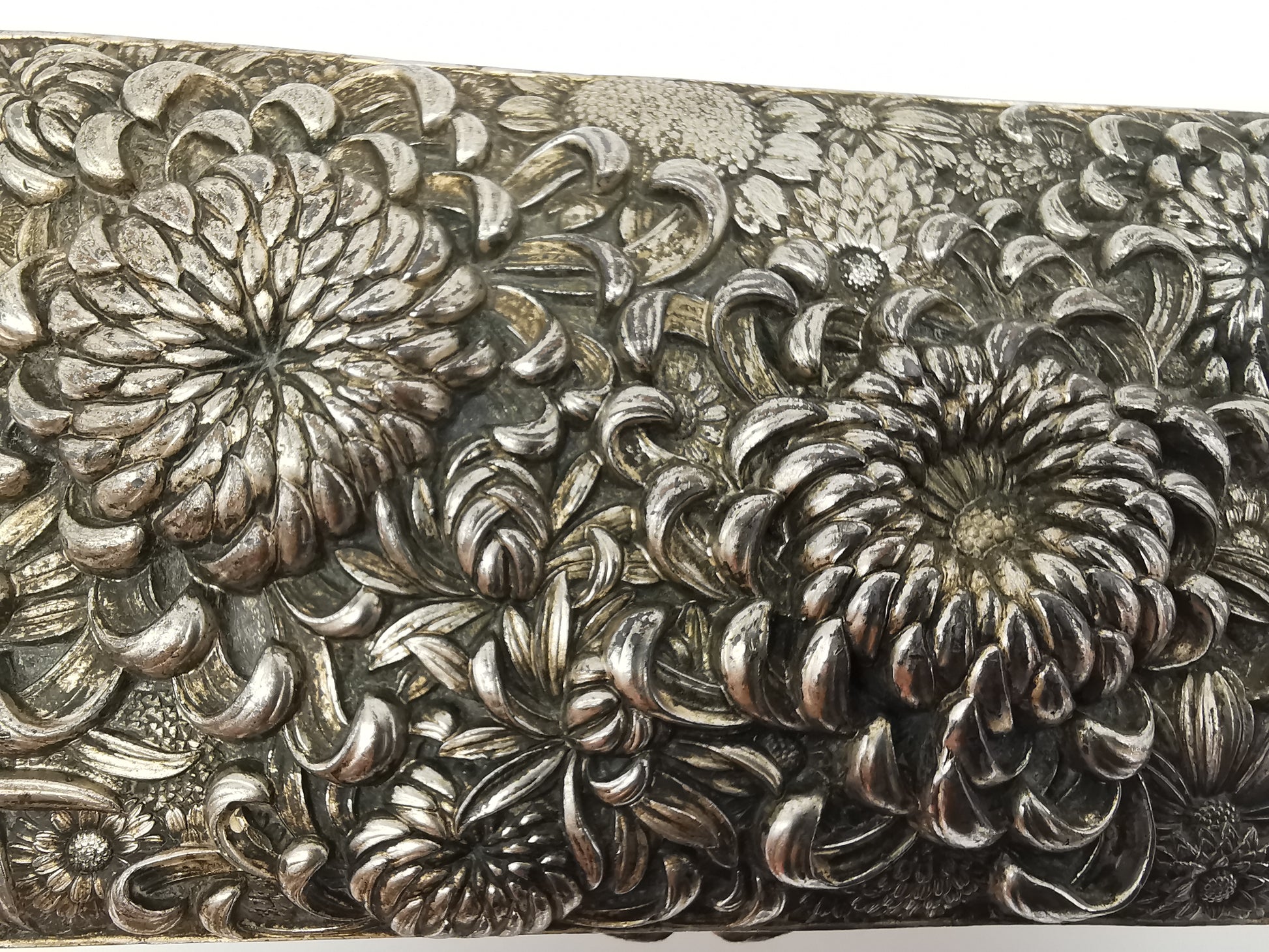 Antique Japanese Antimony Repousse Jewellery Box- Chrysanthemums and Birds-New Lining