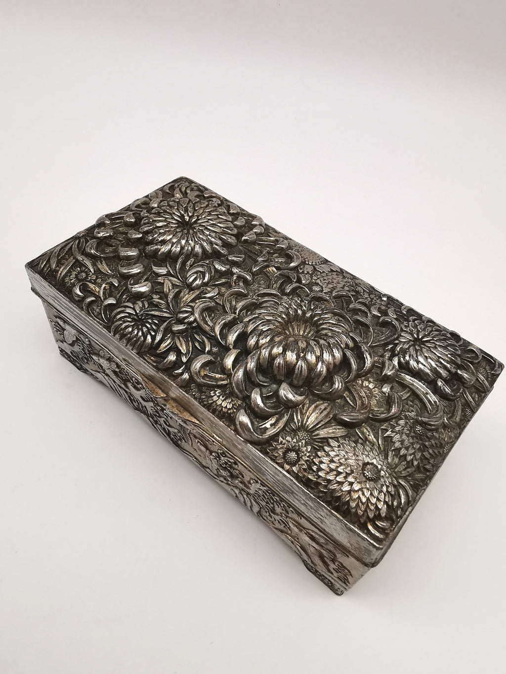 Antique Japanese Antimony Repousse Jewellery Box- Chrysanthemums and Birds-New Lining