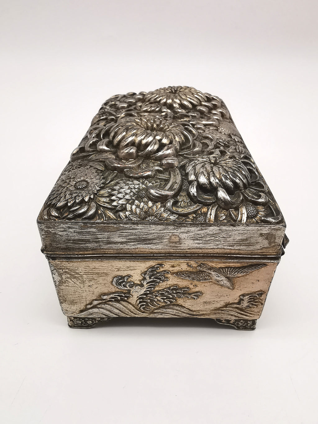Antique Japanese Antimony Repousse Jewellery Box- Chrysanthemums and Birds-New Lining