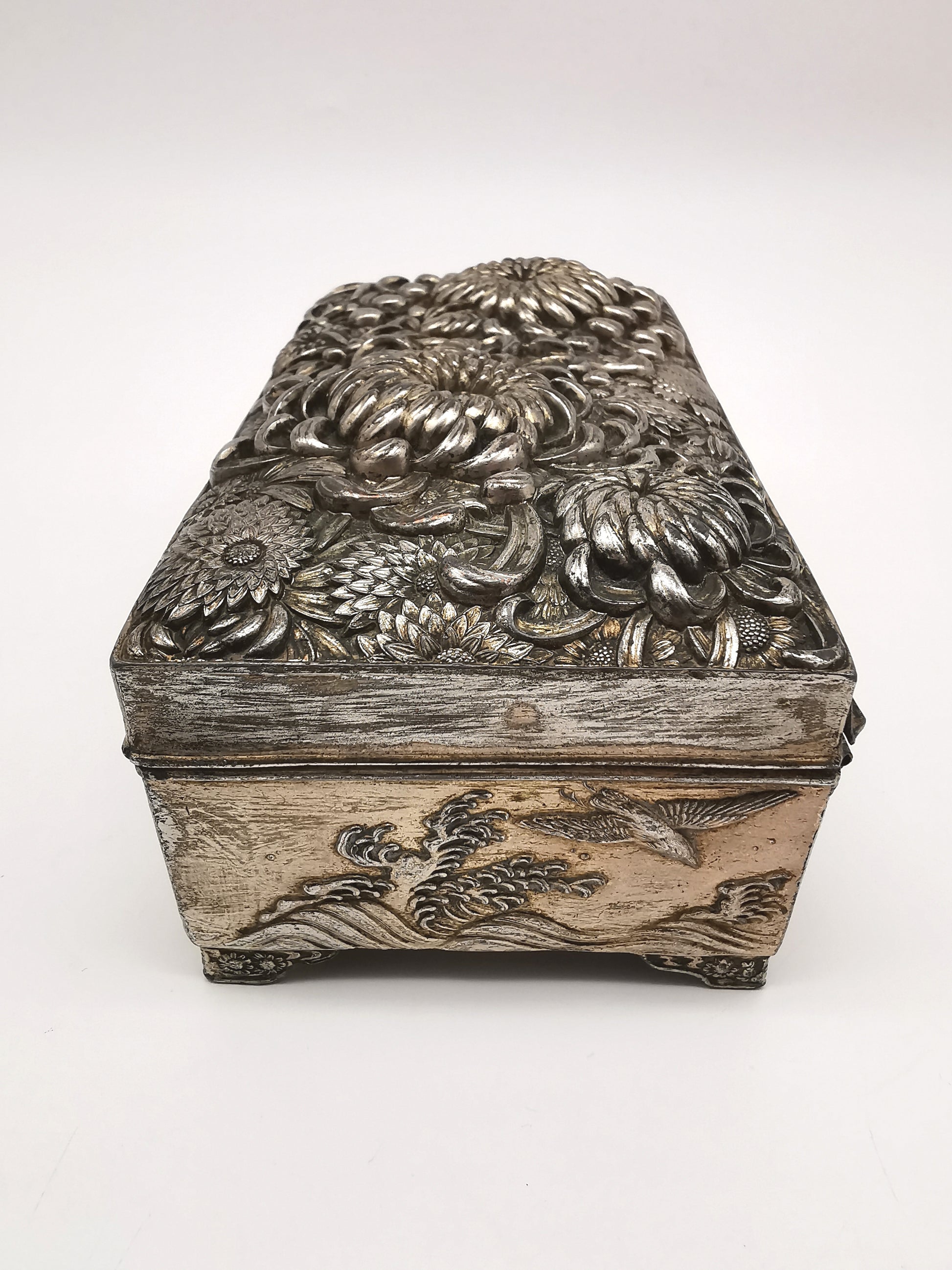 Antique Japanese Antimony Repousse Jewellery Box- Chrysanthemums and Birds-New Lining