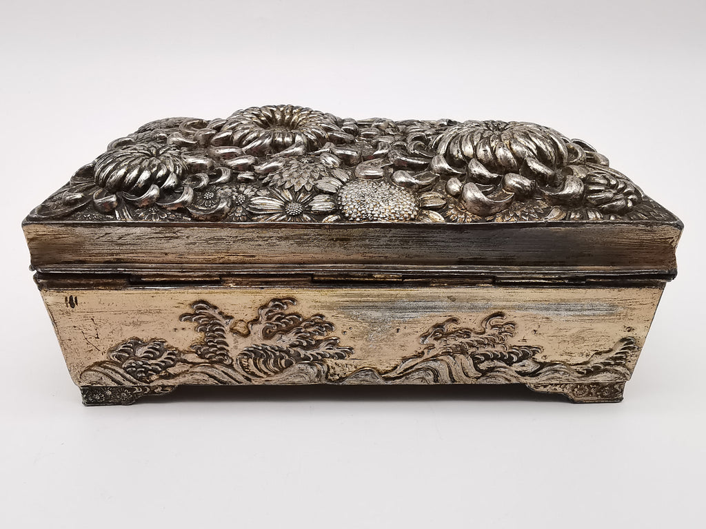 Antique Japanese Antimony Repousse Jewellery Box- Chrysanthemums and Birds-New Lining