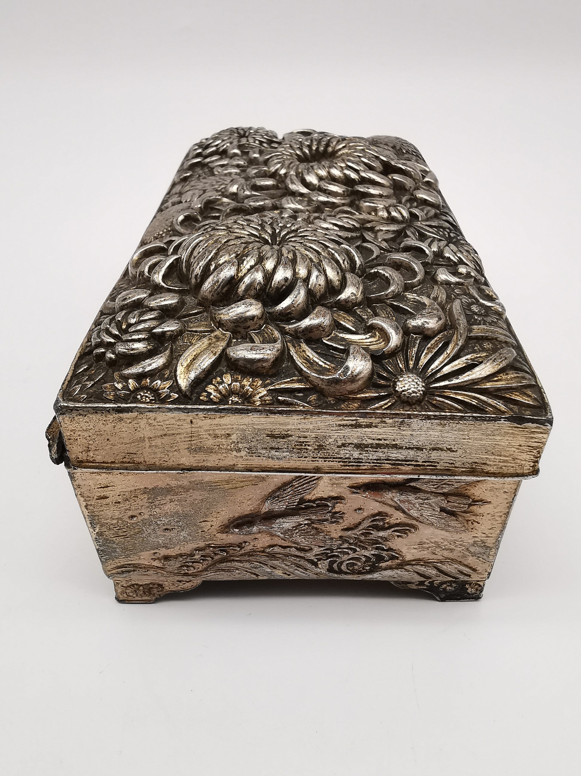 Antique Japanese Antimony Repousse Jewellery Box- Chrysanthemums and Birds-New Lining
