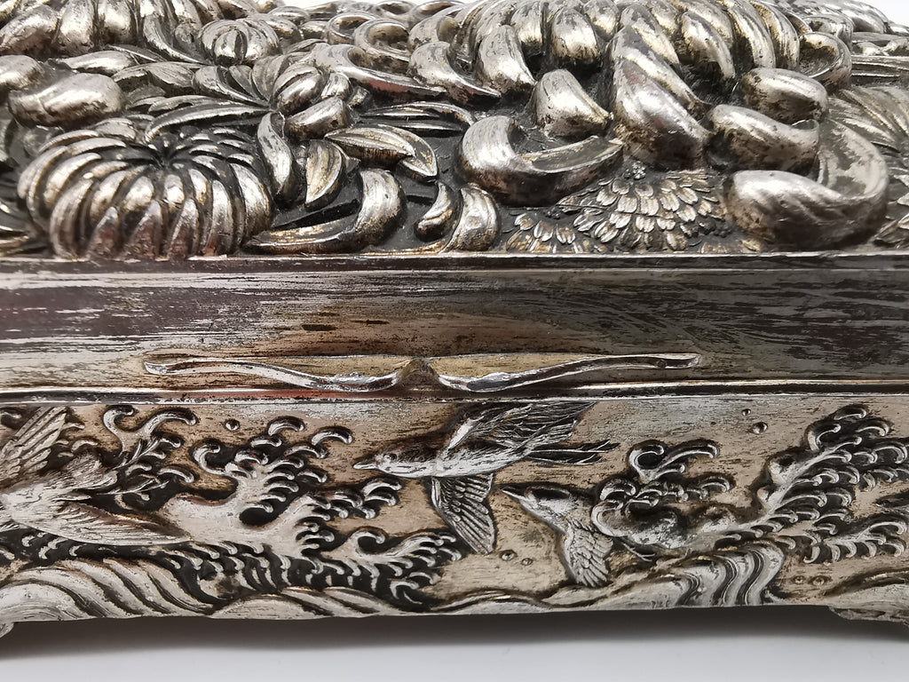Antique Japanese Antimony Repousse Jewellery Box- Chrysanthemums and Birds-New Lining