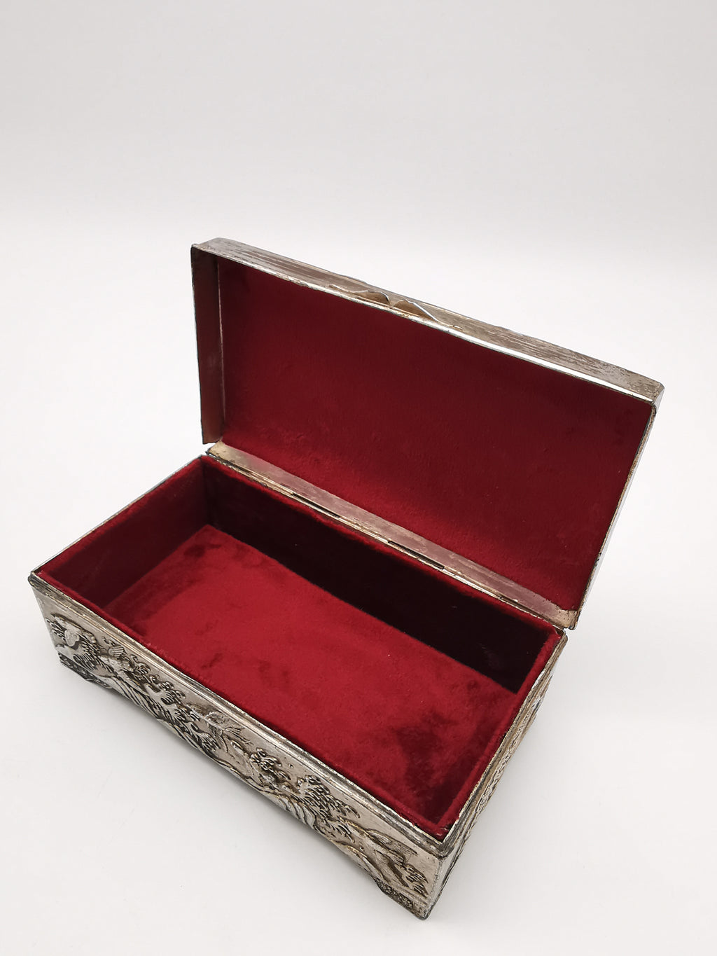 Antique Japanese Antimony Repousse Jewellery Box- Chrysanthemums and Birds-New Lining