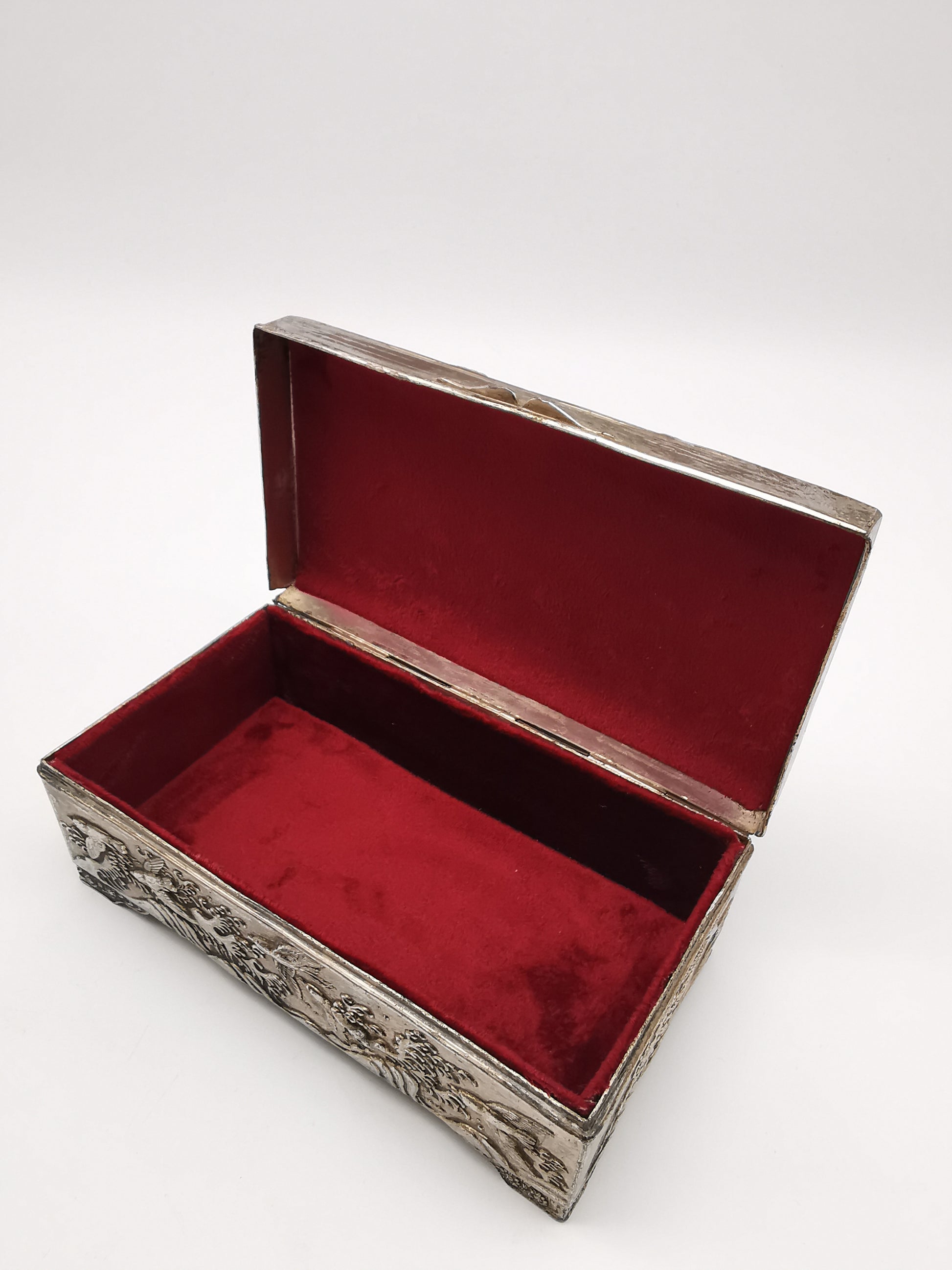 Antique Japanese Antimony Repousse Jewellery Box- Chrysanthemums and Birds-New Lining