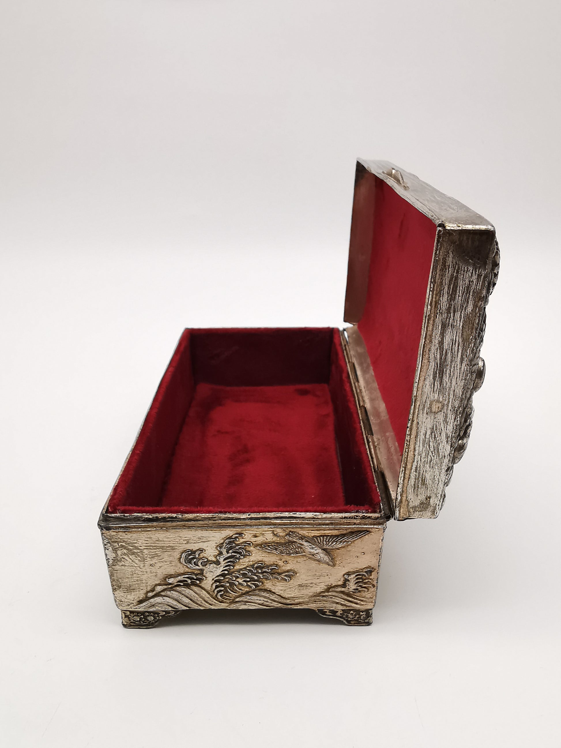 Antique Japanese Antimony Repousse Jewellery Box- Chrysanthemums and Birds-New Lining