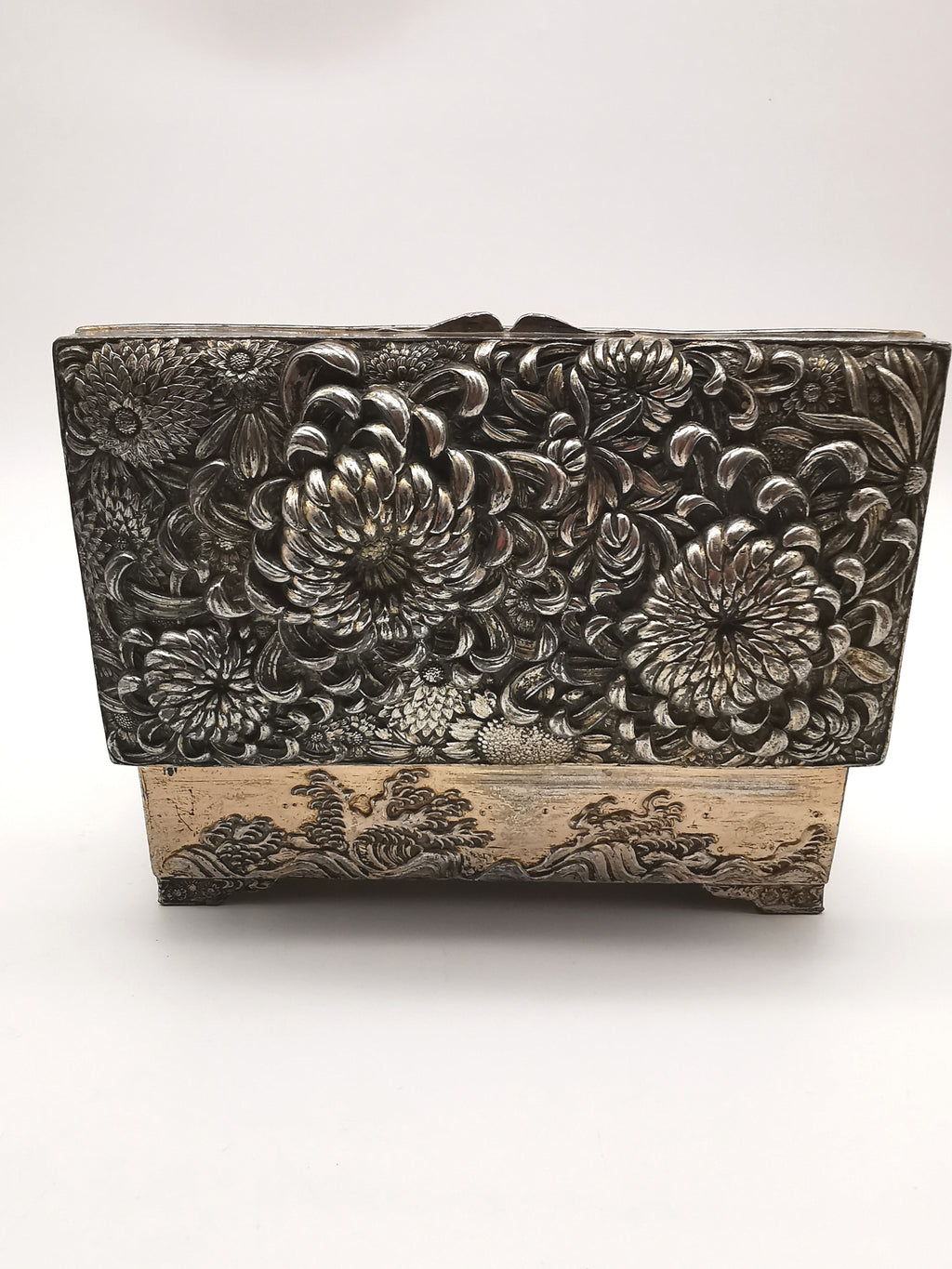 Antique Japanese Antimony Repousse Jewellery Box- Chrysanthemums and Birds-New Lining