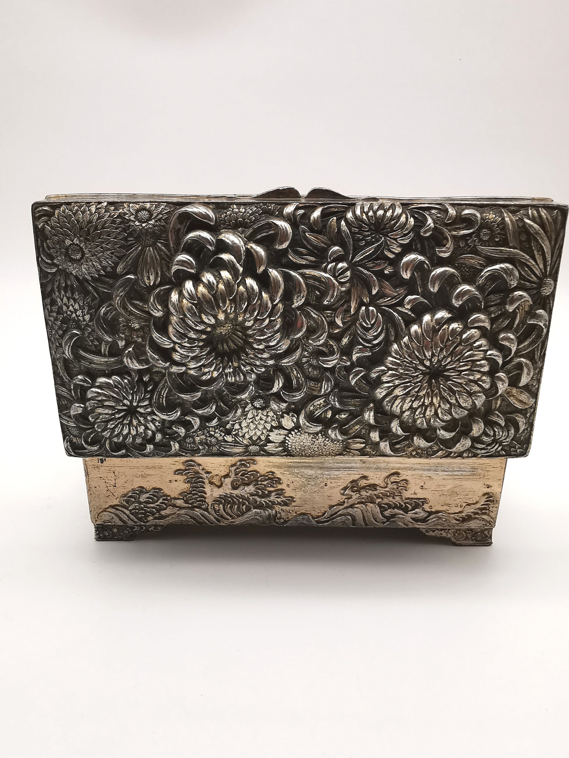 Antique Japanese Antimony Repousse Jewellery Box- Chrysanthemums and Birds-New Lining