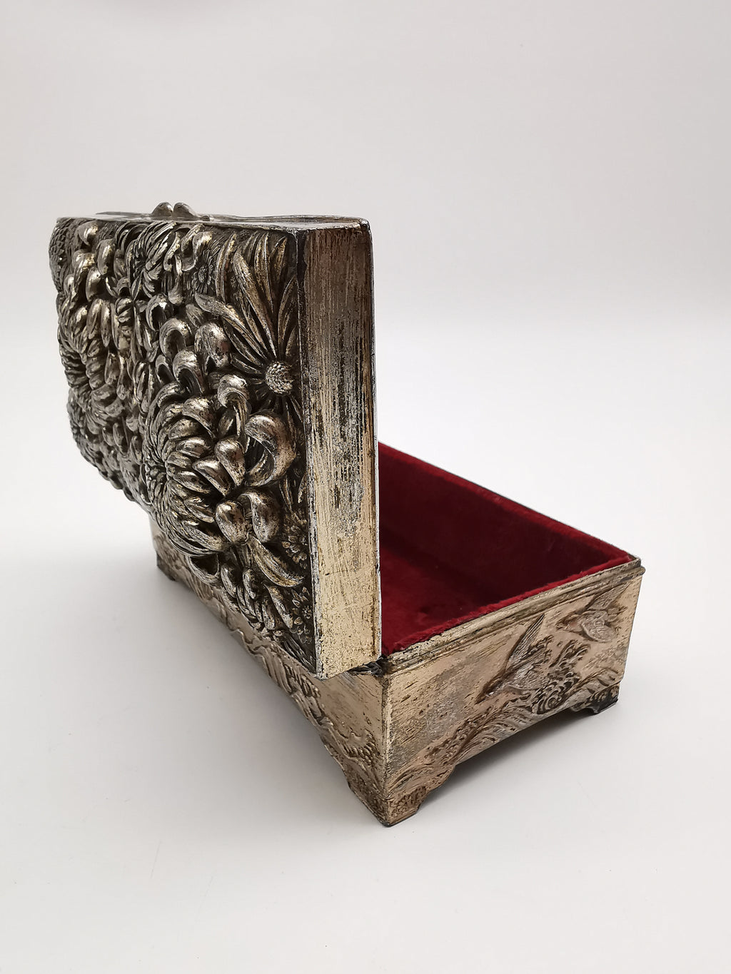 Antique Japanese Antimony Repousse Jewellery Box- Chrysanthemums and Birds-New Lining