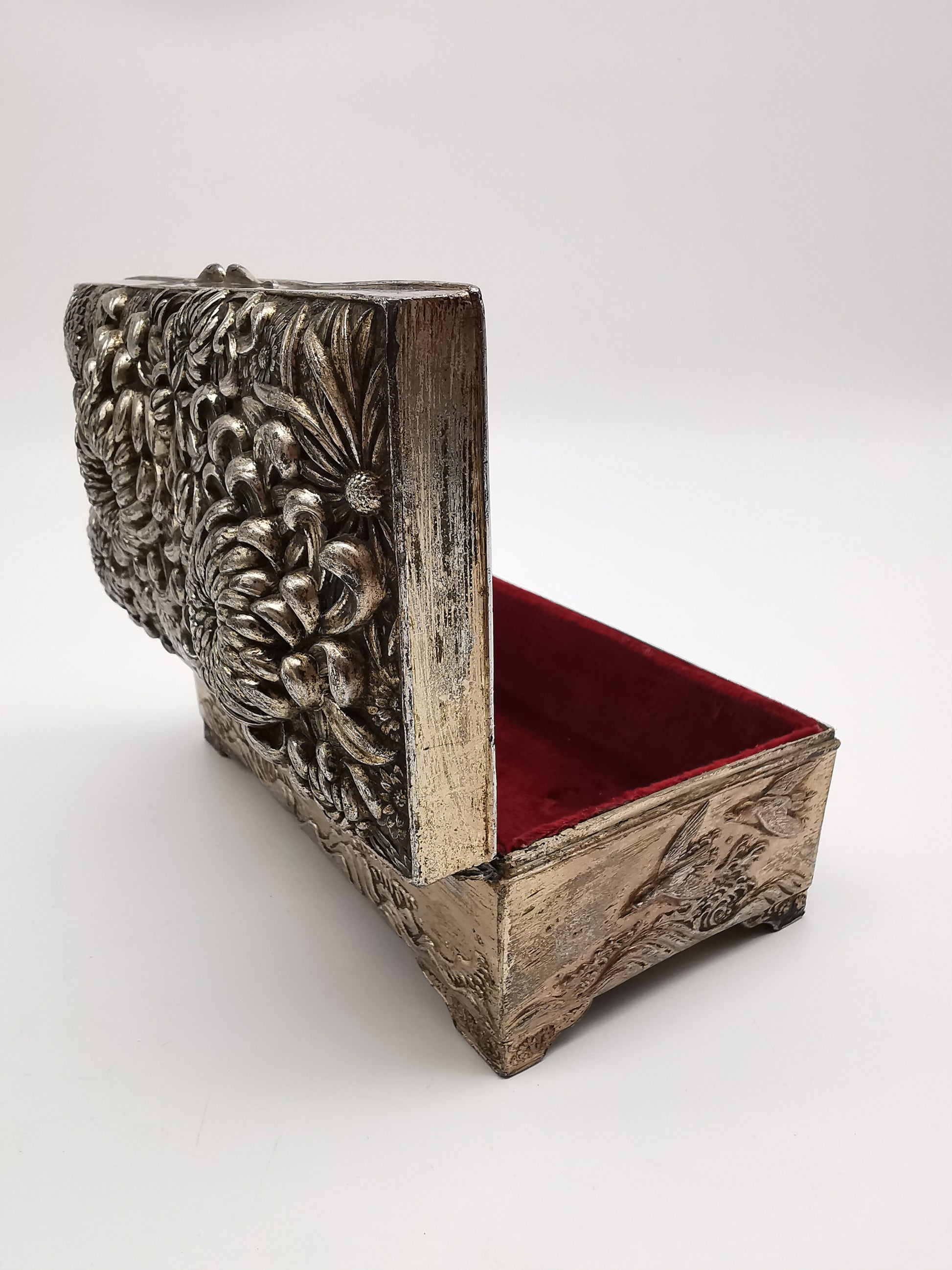 Antique Japanese Antimony Repousse Jewellery Box- Chrysanthemums and Birds-New Lining