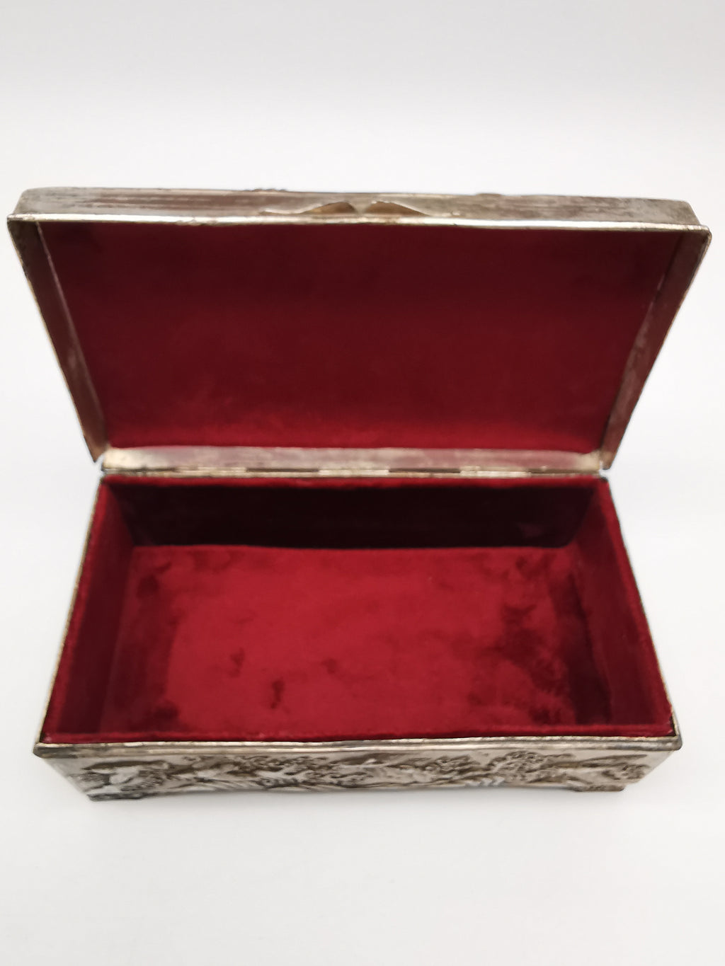 Antique Japanese Antimony Repousse Jewellery Box- Chrysanthemums and Birds-New Lining