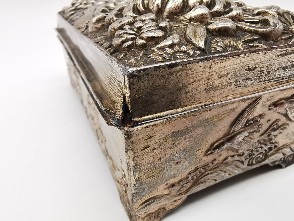 Antique Japanese Antimony Repousse Jewellery Box- Chrysanthemums and Birds-New Lining