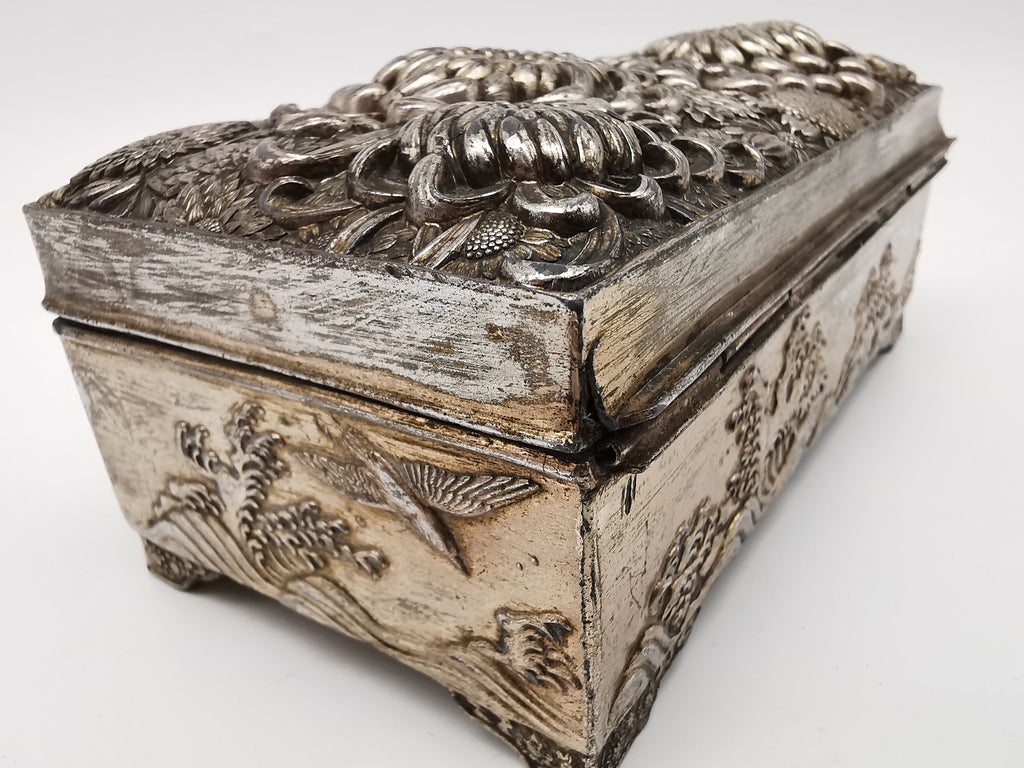Antique Japanese Antimony Repousse Jewellery Box- Chrysanthemums and Birds-New Lining