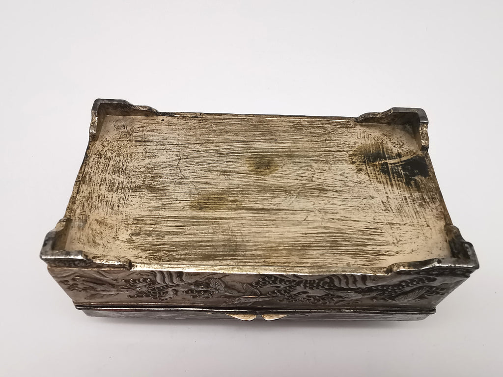 Antique Japanese Antimony Repousse Jewellery Box- Chrysanthemums and Birds-New Lining