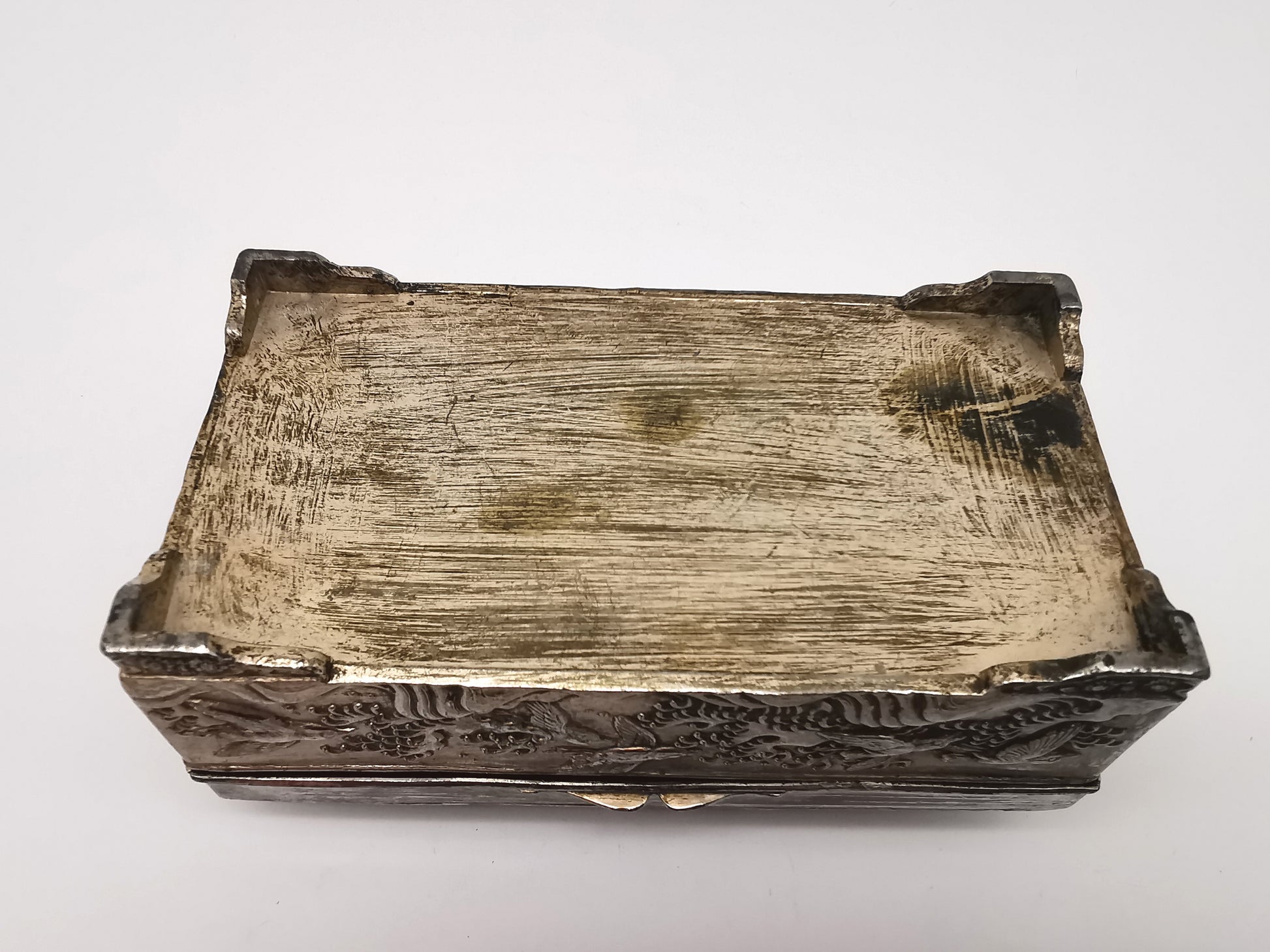 Antique Japanese Antimony Repousse Jewellery Box- Chrysanthemums and Birds-New Lining